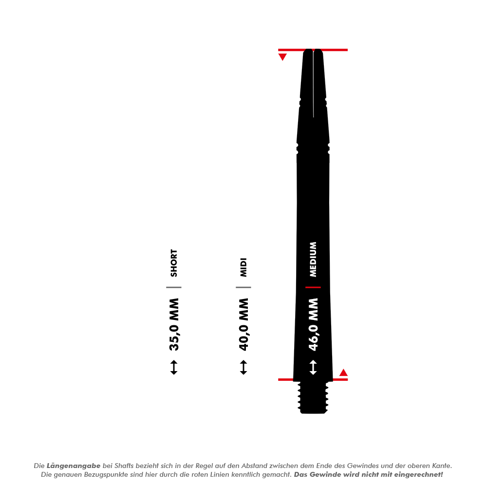 Harrows Alamo VS2 Shafts - Grün Das Bild zeigt drei unterschiedlich lange Dartschäfte (Short, Midi, Medium) mit ihren jeweiligen Längen in Millimetern. Die Maße beziehen sich auf den Abstand zwischen dem Ende des Gewindes und der oberen Kante, das Gewinde wird nicht mitgerechnet.