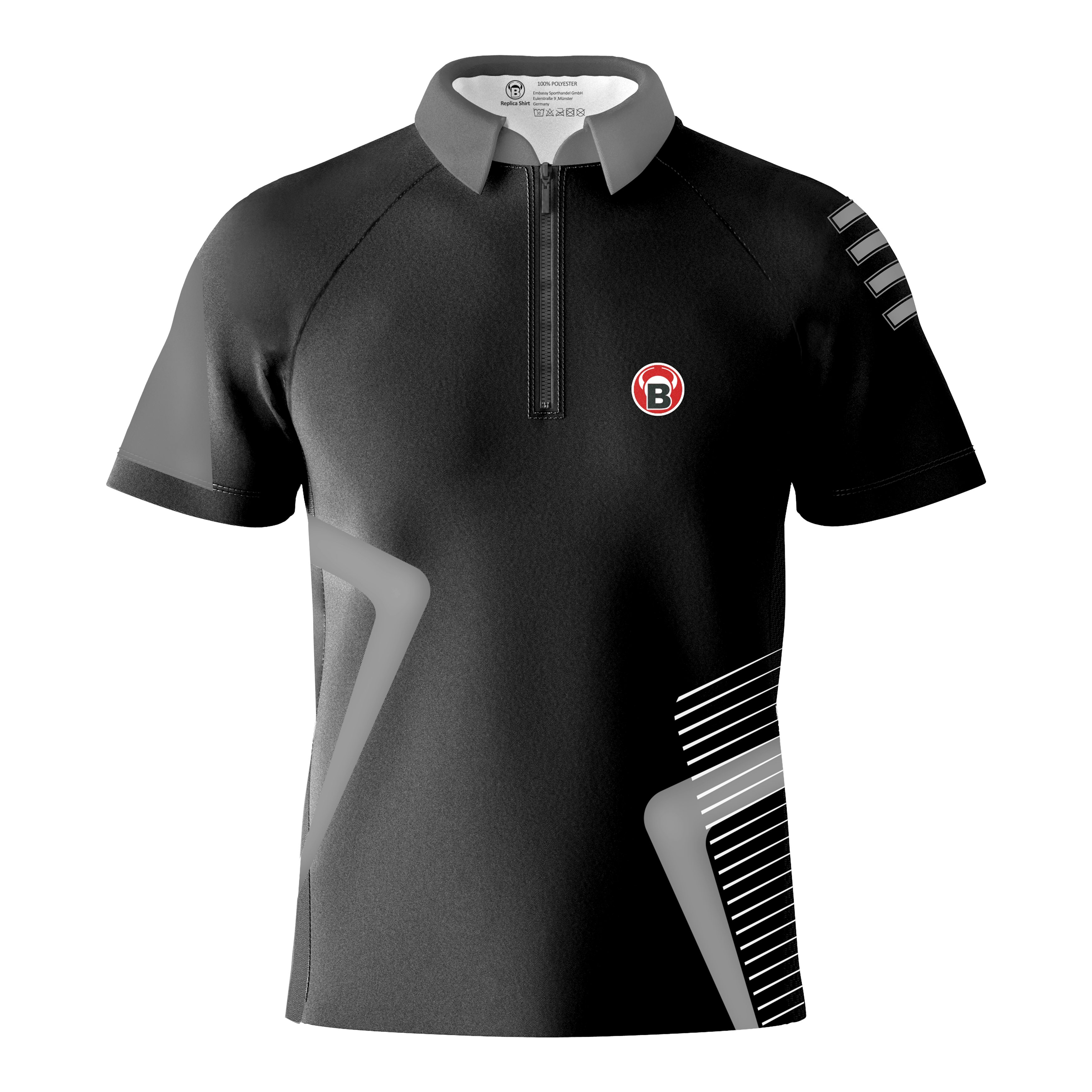 Das Bild zeigt das Produkt "Bulls Team Dartshirt - Grau". Das Dartshirt ist überwiegend grau und schwarz mit modernen Mustern und einem kleinen Bulls-Logo auf der Brust.
