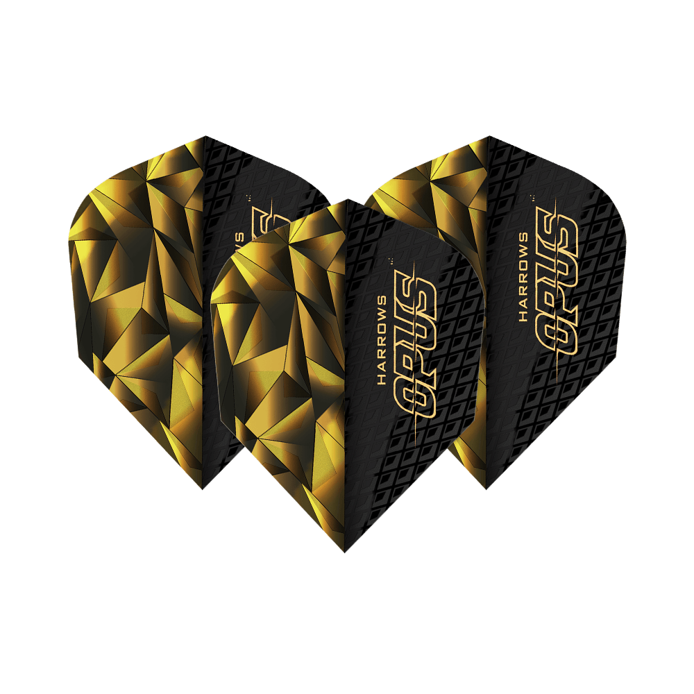 Harrows Opus Version 1 Flights Das Bild zeigt die Harrows Opus Version 1 Flights. Sie haben ein auffälliges schwarzes und goldenes geometrisches Design mit dem Schriftzug "OPUS" darauf.