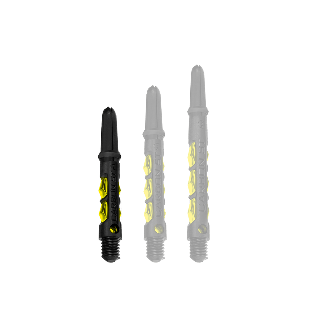 HR419_Harrows_Carbon_ST_Shafts_Gelb_33mm_1 Das Bild zeigt drei Harrows Carbon ST Shafts in Gelb. Sie sind in unterschiedlichen Längen angeordnet und haben ein schwarz-gelbes Design.