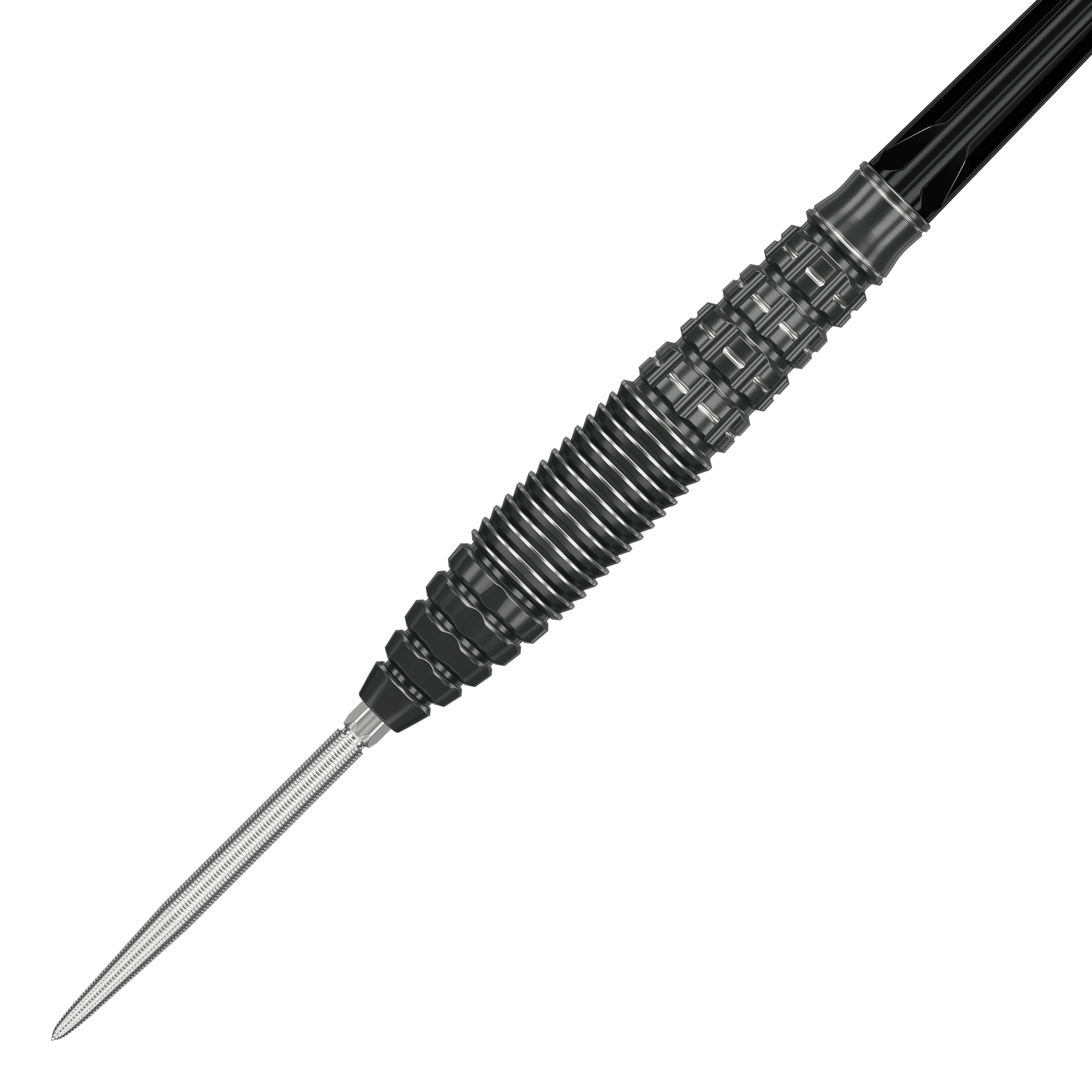 Das Bild zeigt den Target Japan Black Marque Phantom Swiss Point Steeldart. Der Dartpfeil hat ein schwarzes, strukturiertes Griffstück und eine silberne Stahlspitze.