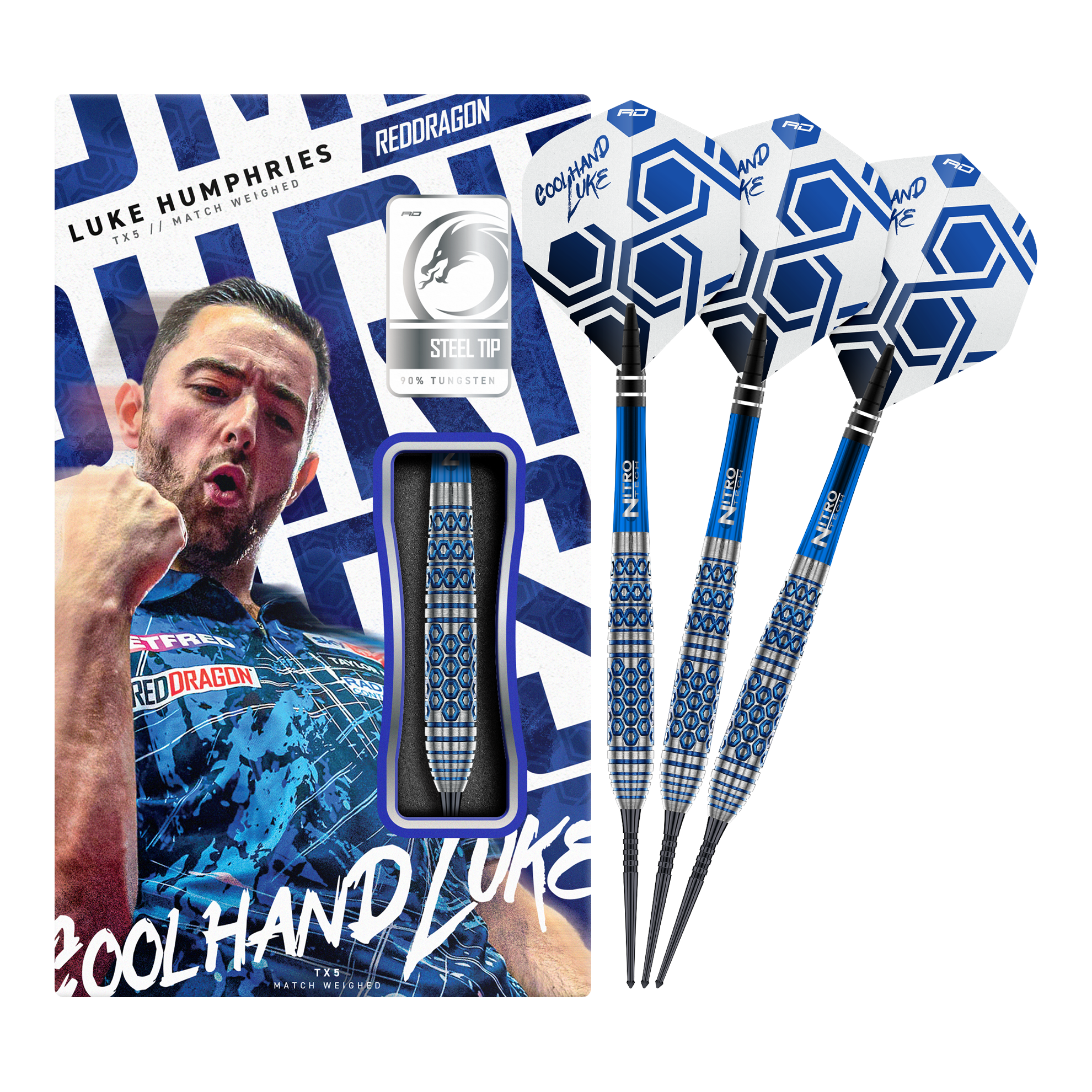 Red Dragon Luke Humphries TX5 Steeldarts Auf dem Bild ist das vollständige Set der Red Dragon Luke Humphries TX5 Steeldarts zu sehen. Die Steeldarts werden in ihrer Gesamtheit präsentiert.