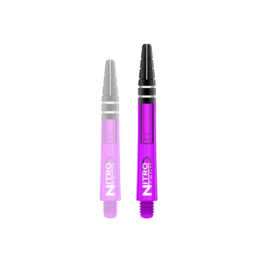 Das Bild zeigt zwei RedDragon Nitrotech Shafts in der Farbe Lila. Sie haben einen schwarzen oberen Teil und ein durchsichtiges, lilafarbenes Unterteil mit weißem Aufdruck.