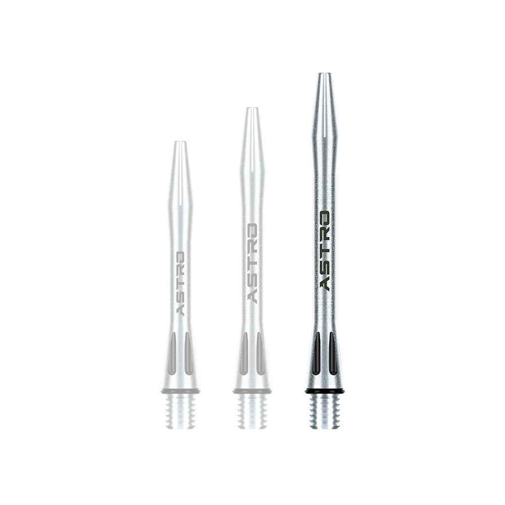 Das Bild zeigt drei silberne Aluminium Shafts für Dartpfeile der Marke Winmau Astro. Auf jedem Shaft steht das Wort "ASTRO" und sie sind in verschiedenen Längen abgebildet.