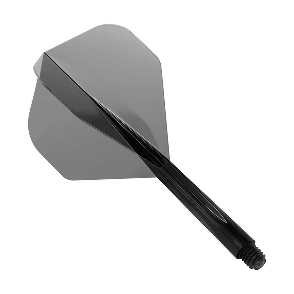 Das Bild zeigt das Produkt „Condor Zero-Stress Clear Black Flight System Standard“. Es handelt sich um ein schwarzes Dartflight-System mit integriertem Schaft.