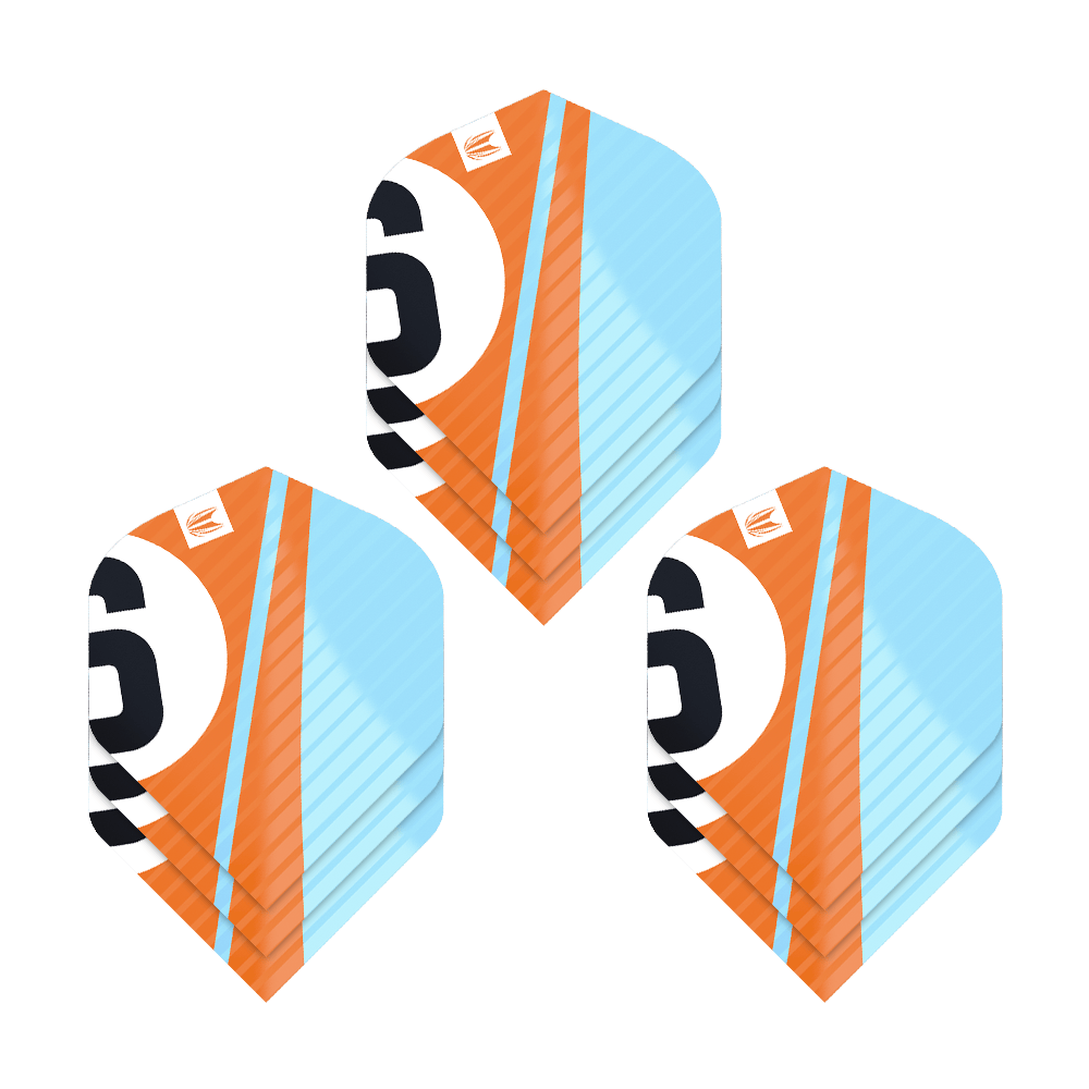 337213_Target_ProUltra_3Sets_Chicane_Orange_No2_Standard_Flights_1orS0WLuu8Wx1H Das Bild zeigt drei Sets von Target Pro Ultra Chicane Orange No2 Standard Flights. Die Flights sind in den Farben Orange, Hellblau, Weiß und Schwarz gestaltet.