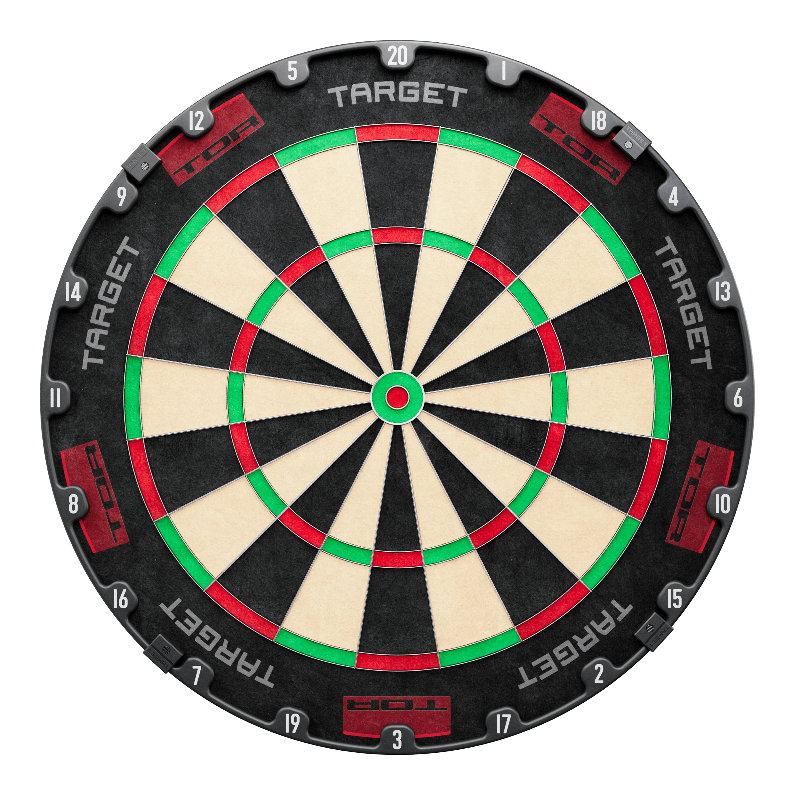 Das Bild zeigt eine Dartscheibe mit der Aufschrift "Target TOR Corona LED Bundle". Die Zahlen und Segmente sind klar sichtbar, und die Dartscheibe hat farbige Ringe in Rot und Grün.