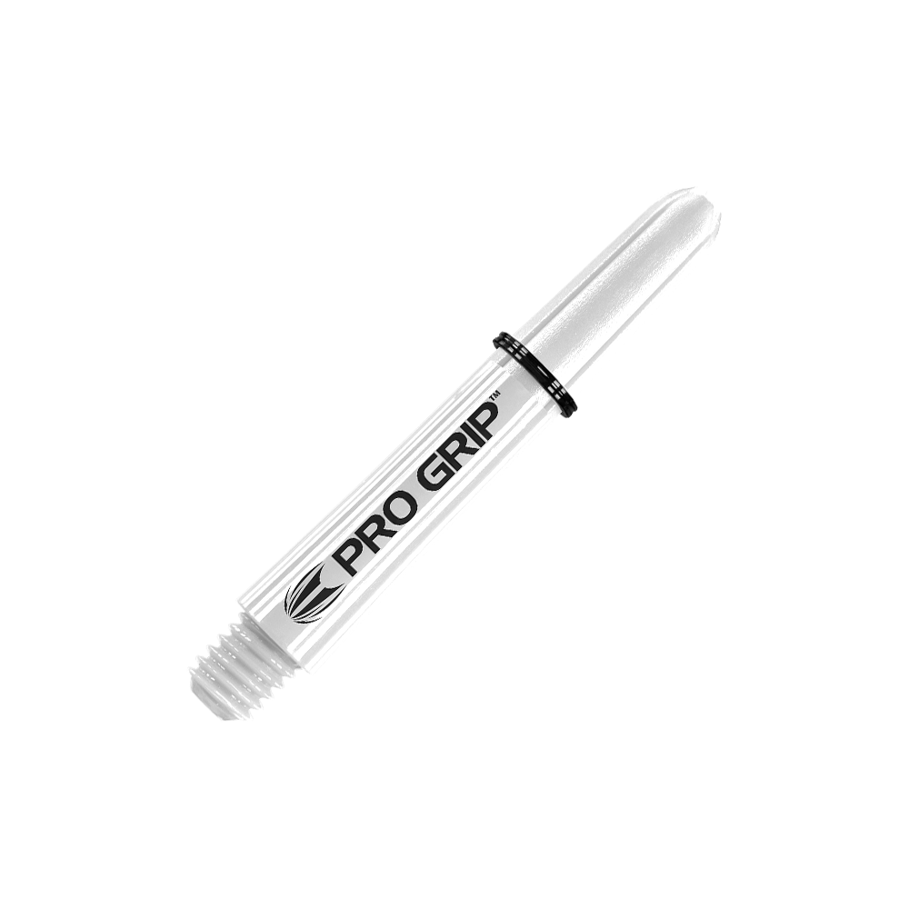 Das Bild zeigt einen weißen Pro Grip Schaft für Dartpfeile. Auf dem Schaft steht deutlich der Schriftzug "PRO GRIP".