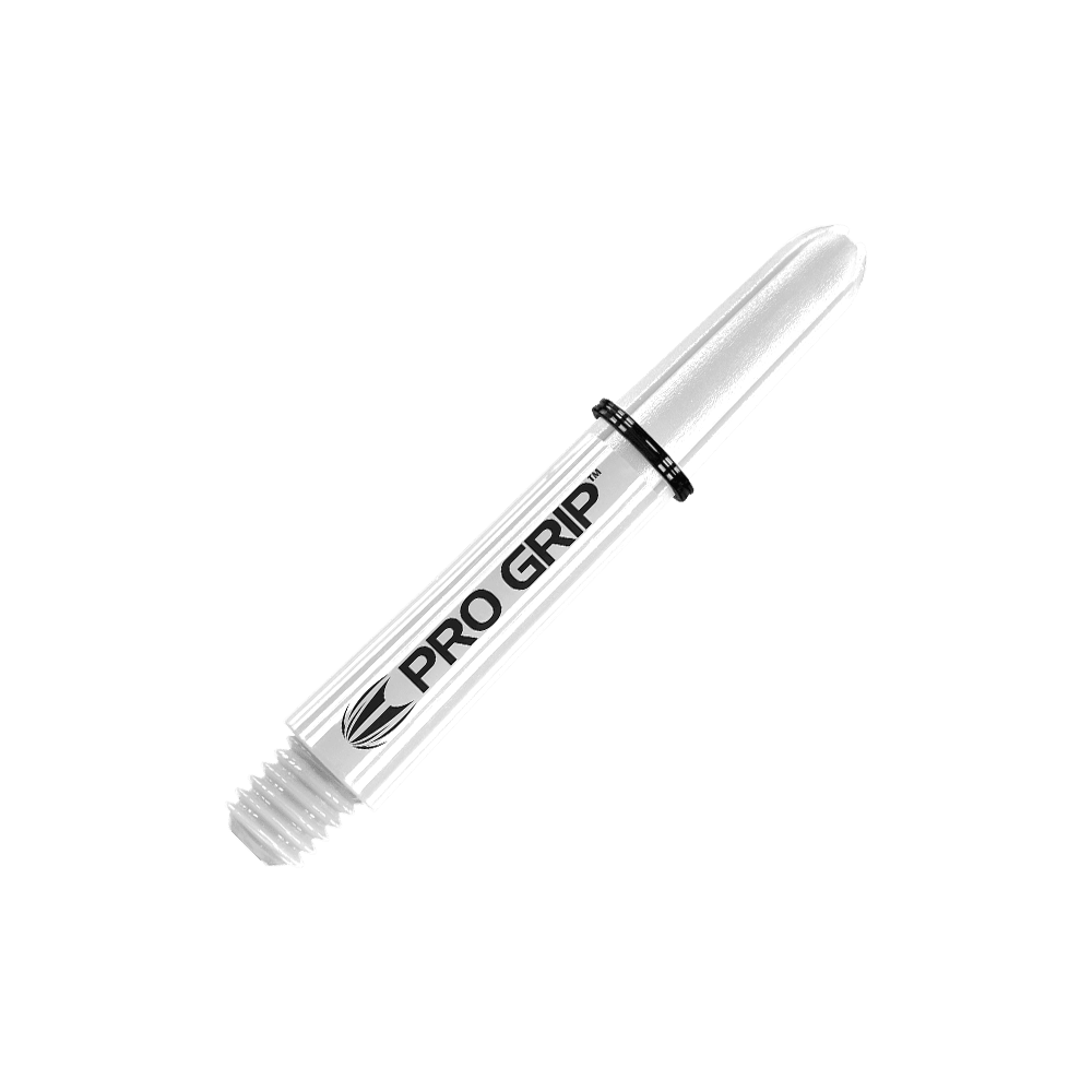 Target Pro Grip Shafts - 3 Sets - Weiß Das Bild zeigt einen weißen Pro Grip Schaft für Dartpfeile. Auf dem Schaft steht deutlich der Schriftzug "PRO GRIP".