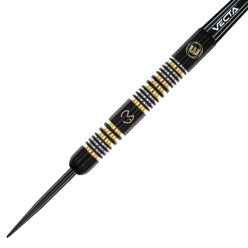 Das Bild zeigt einen schwarzen Steeldart mit goldenen und silbernen Ringen. Auf dem Dart sind Logos und der Schriftzug "VECTA" zu sehen.