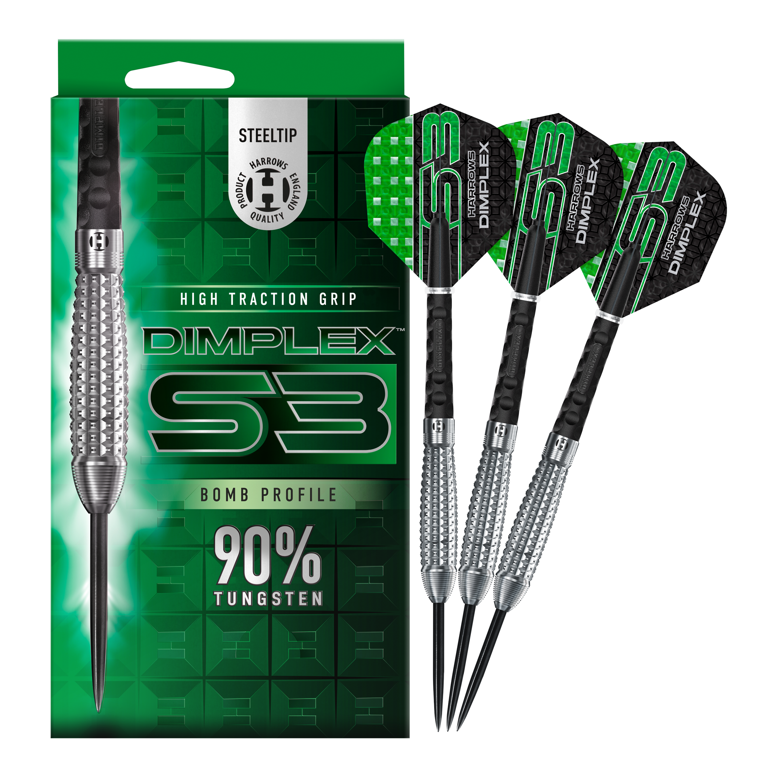 Das Bild zeigt eine Verpackung und drei Steeldarts des Produkts "Harrows Dimplex S3 Bomb". Auf der Verpackung steht, dass die Darts aus 90% Tungsten bestehen und einen hohen Grip haben.