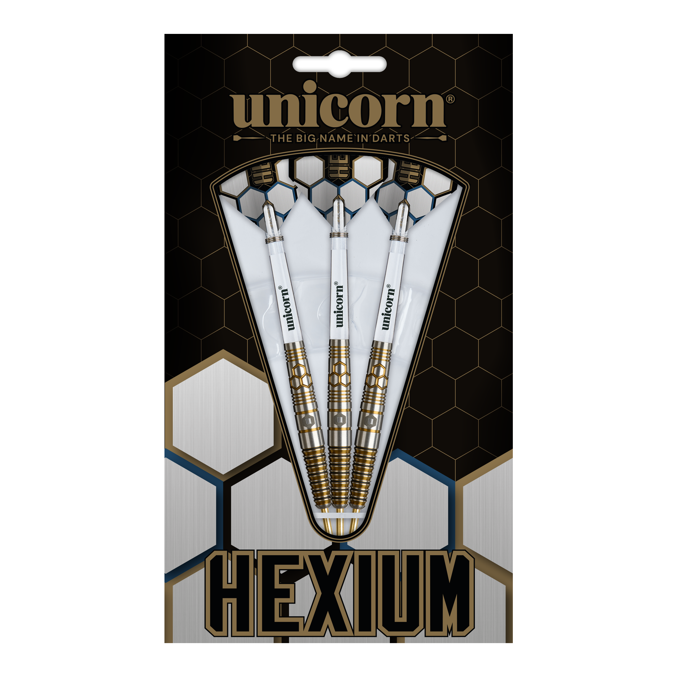 Unicorn Hexium Style 03 Gold & Black Steeldarts Dies ist das Produkt Unicorn Hexium Style 03 Gold & Black Steeldarts. Drei Steeldarts in Gold und Schwarz sind abgebildet.