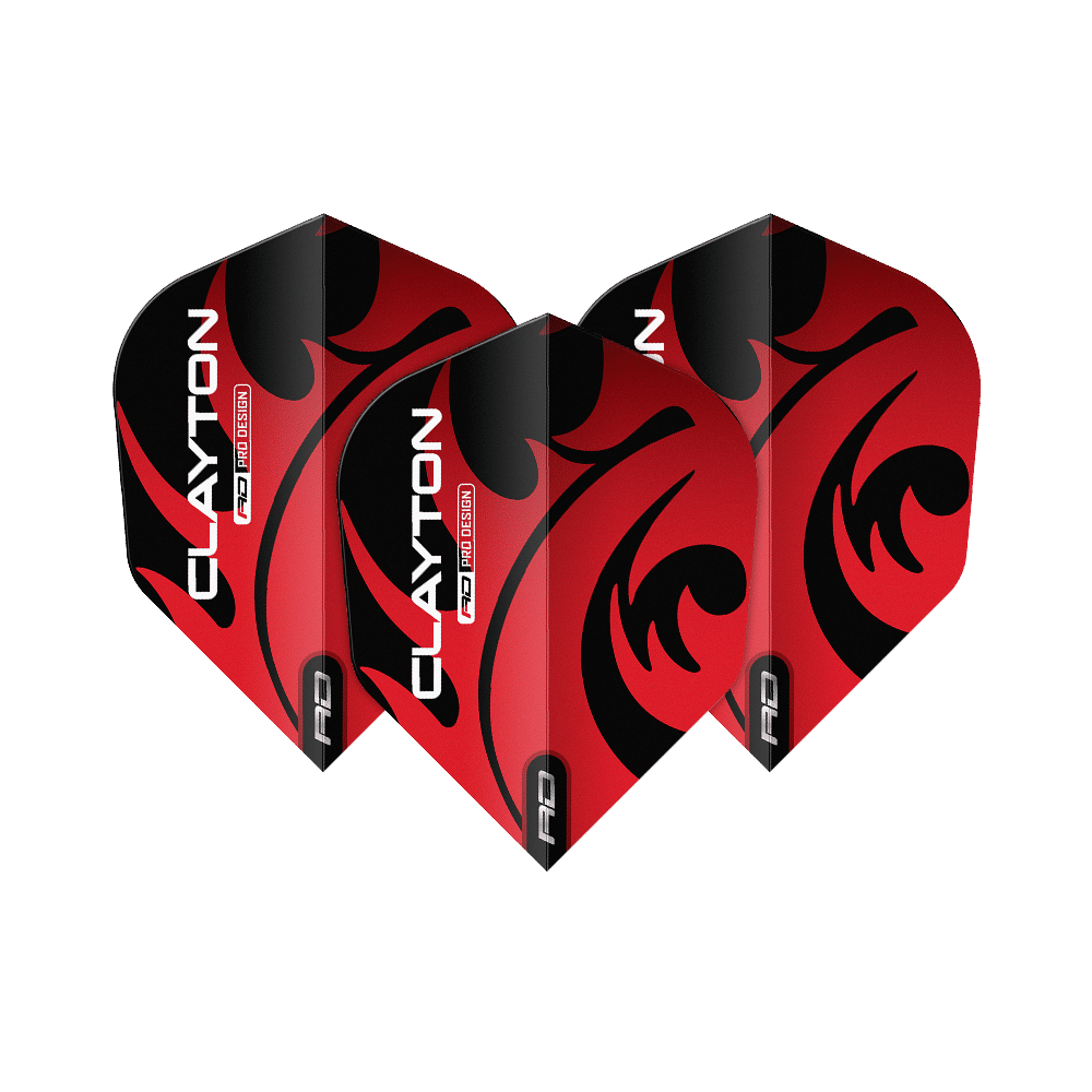 Auf dem Bild sind drei Dartflights des Produkts "Red Dragon Jonny Clayton Red Black No6 Flights" zu sehen. Die Flights sind rot-schwarz gestaltet und tragen den Aufdruck "CLAYTON".