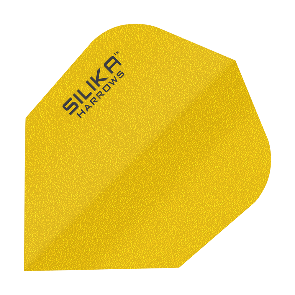 Das Bild zeigt ein gelbes Dartflight mit der Aufschrift "SILIKA HARROWS" in der Ecke. Das Flight hat eine strukturierte Oberfläche und ist in einer klassischen Form gestaltet.