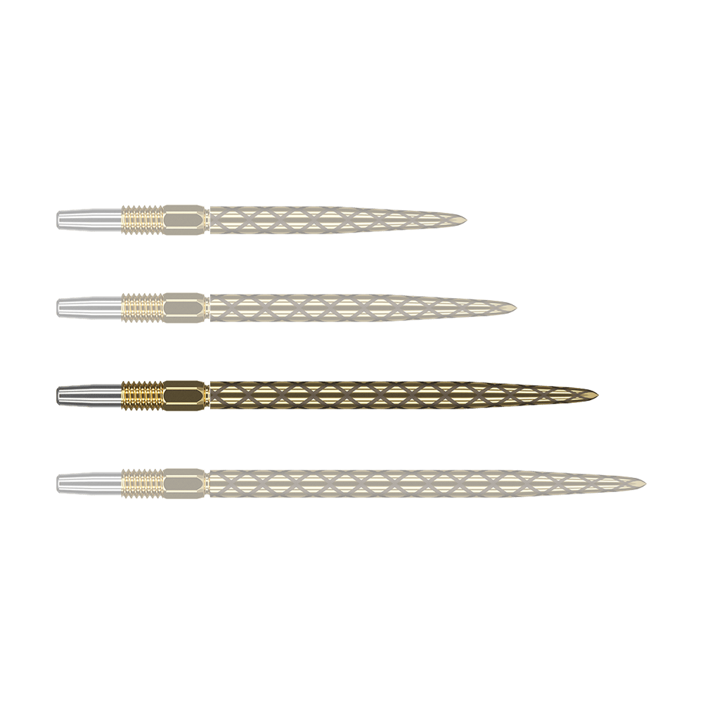 Target Swiss Diamond Pro Gold Dartspitzen Das Bild zeigt vier goldfarbene Dartspitzen mit rautenförmigem Muster. Die Spitzen sind nebeneinander angeordnet und haben am Ende einen silbernen Abschnitt.