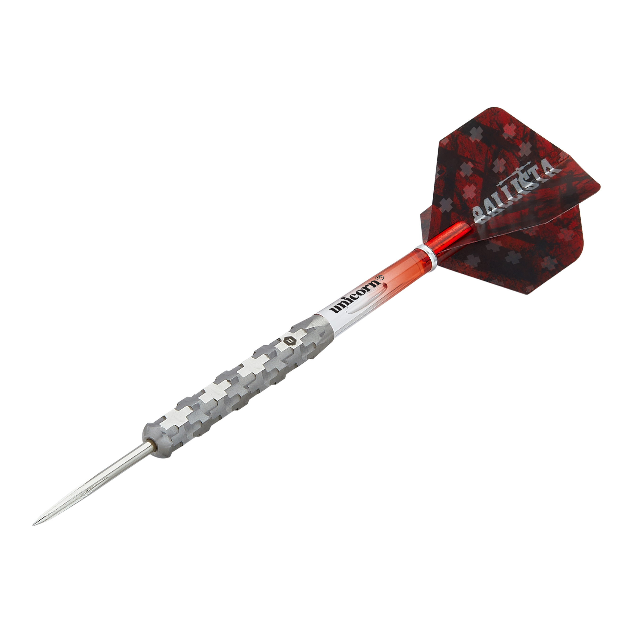 Dies ist ein Steeldart aus der Produktreihe "Unicorn Ballista Style 1". Er hat einen silbernen, strukturierten Schaft und rote Flights mit Muster.