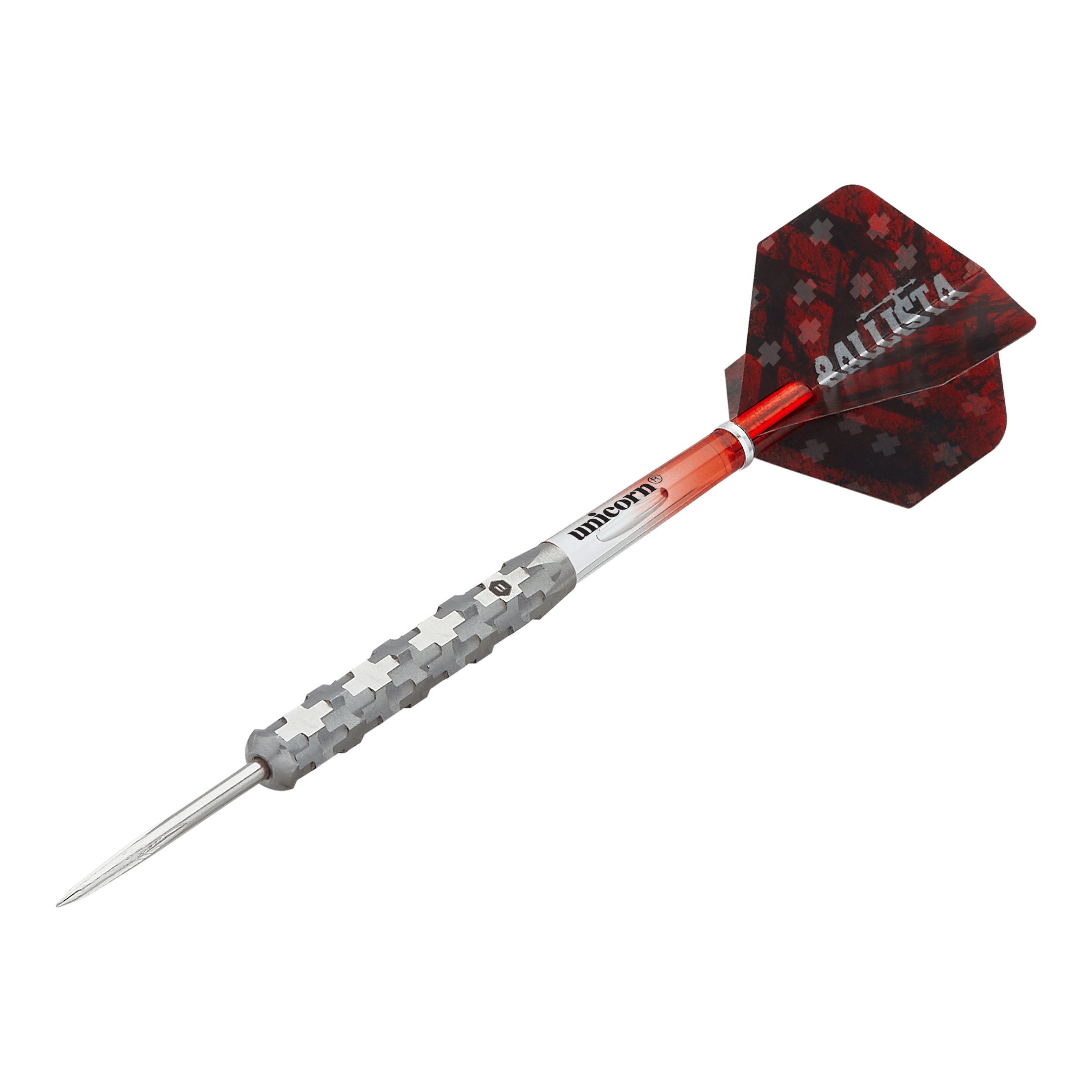 Unicorn Ballista Style 1 Steeldarts Dies ist ein Steeldart aus der Produktreihe "Unicorn Ballista Style 1". Er hat einen silbernen, strukturierten Schaft und rote Flights mit Muster.