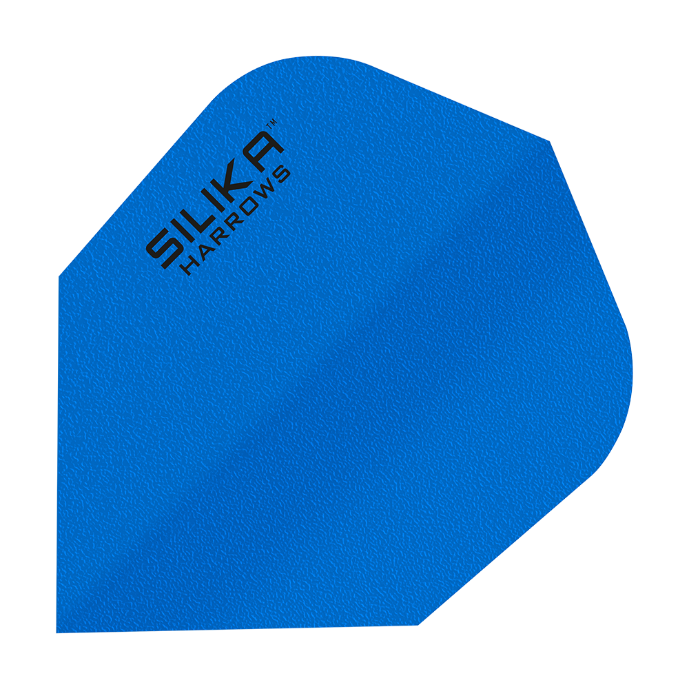 Das Bild zeigt ein blaues Dart-Flight mit der Aufschrift "SILIKA HARROWS". Es handelt sich um das Modell "Harrows Silika Solid Tough Crystalline Coating Blue No6 Flights".