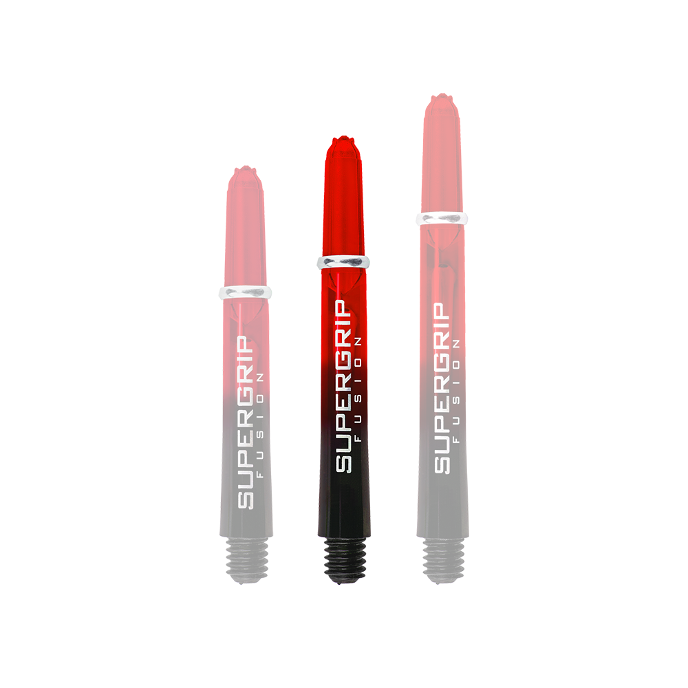 Das Bild zeigt drei Harrows Supergrip Fusion Shafts in der Farbe Rot. Die Schäfte sind oben rot und verlaufen nach unten hin in Schwarz mit weißer Aufschrift.