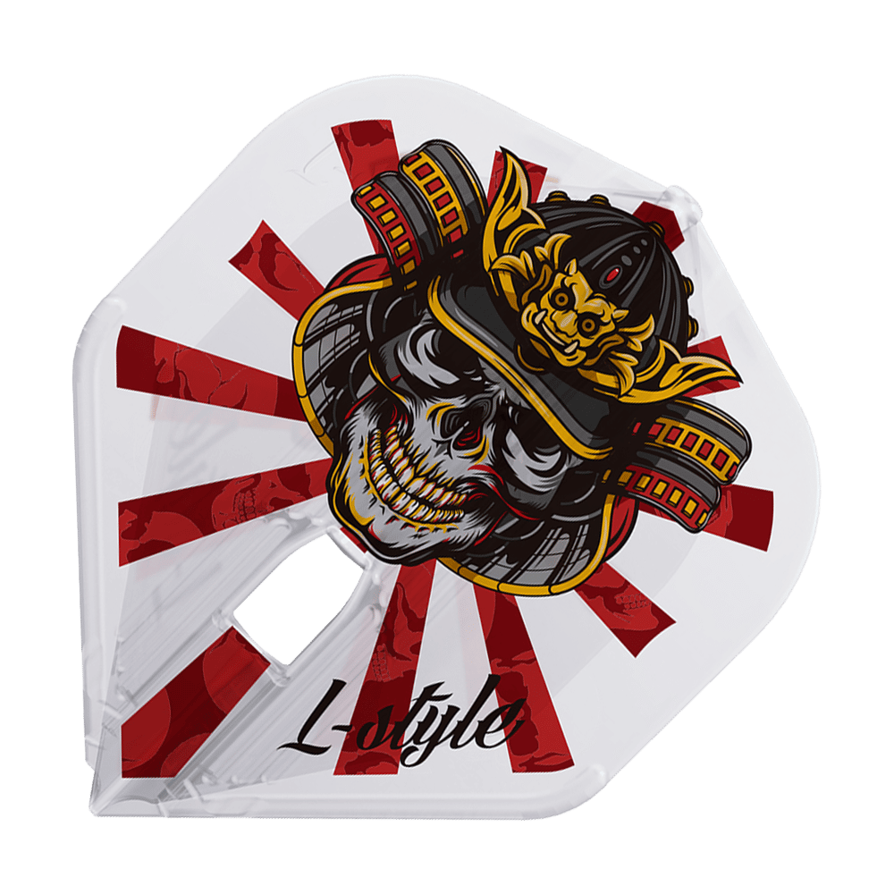 Das Bild zeigt ein Dartflight mit einem auffälligen Samurai-Schädel-Design in Schwarz, Rot und Gelb. Im Hintergrund sind rote Strahlen auf weißem Grund sowie der Schriftzug „L-Style“ zu sehen.