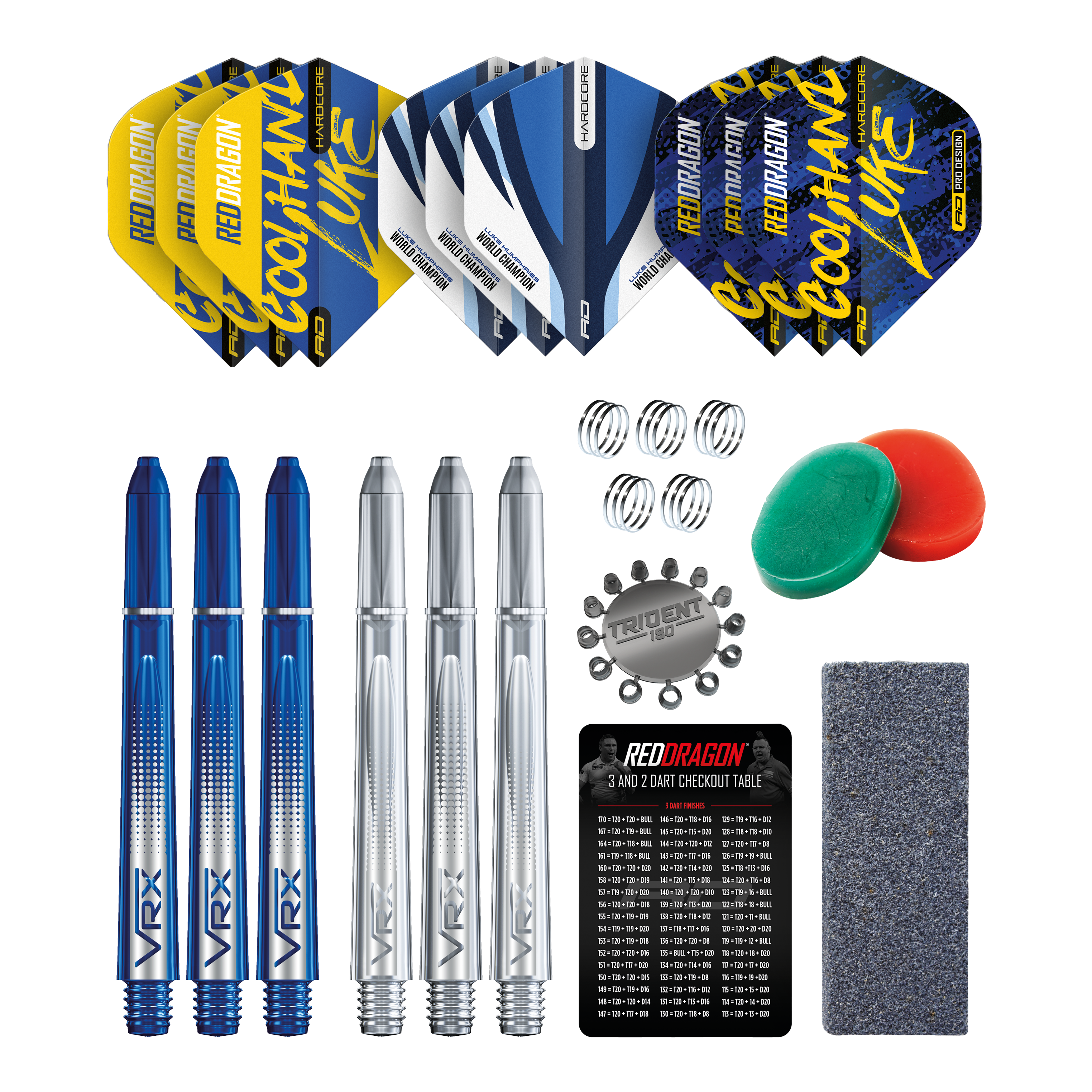 Red Dragon Luke Humphries Optima Zubehör Pack Das Bild zeigt das Red Dragon Luke Humphries Optima Zubehör Pack für Darts. Enthalten sind Flights, Shafts, Federn, Tridents, ein Schleifstein, ein Checkout-Table, sowie weiteres nützliches Dartzubehör.