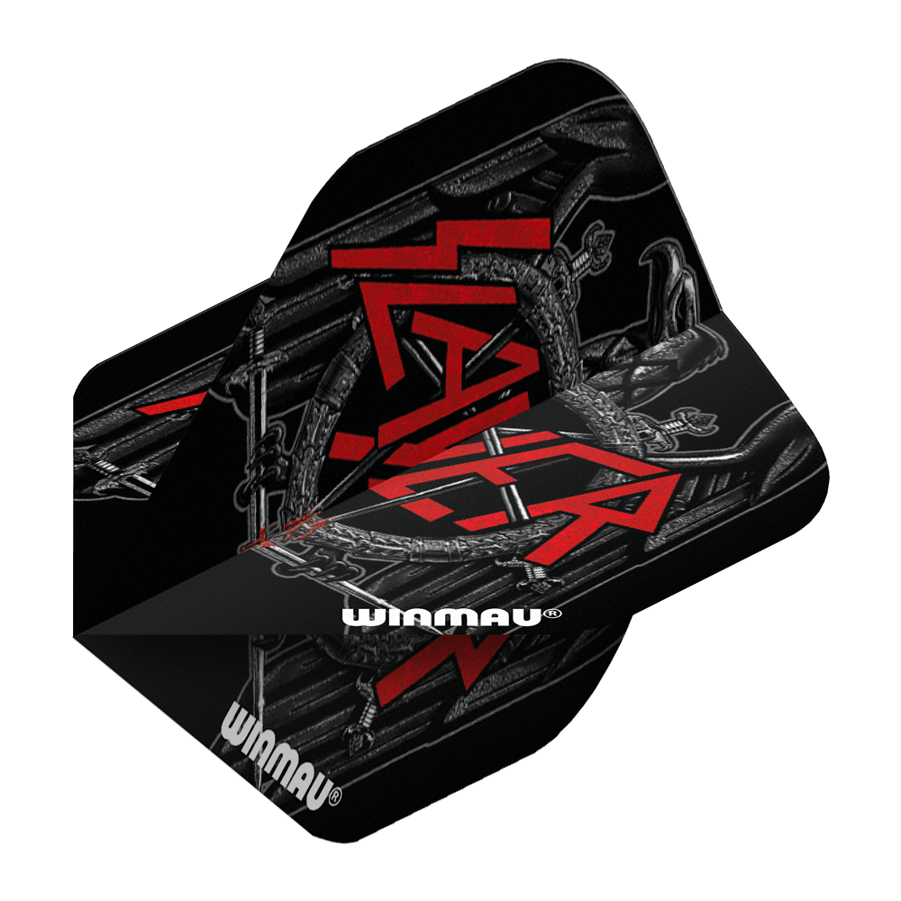 Das Bild zeigt die "Winmau Rockstar Legends Slayer Black Eagle Standard Flights" für Dartpfeile. Die Flights sind hauptsächlich schwarz mit einem auffälligen roten Slayer-Logo und dem weißen Winmau-Schriftzug.