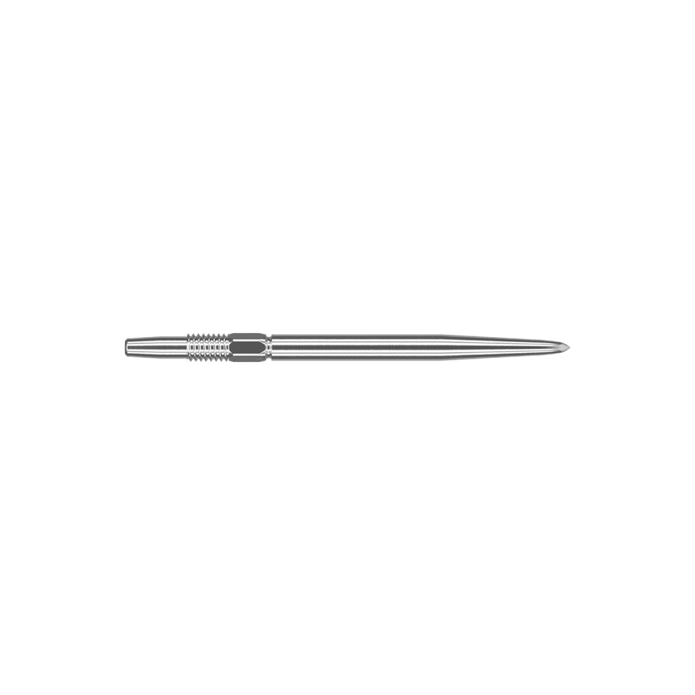 Target Swiss Point Silver Dartspitzen Das Bild zeigt eine silberne Dartspitze mit einer Länge von 30 mm. Die Spitze ist schmal und hat feine Rillen im hinteren Bereich für besseren Halt.