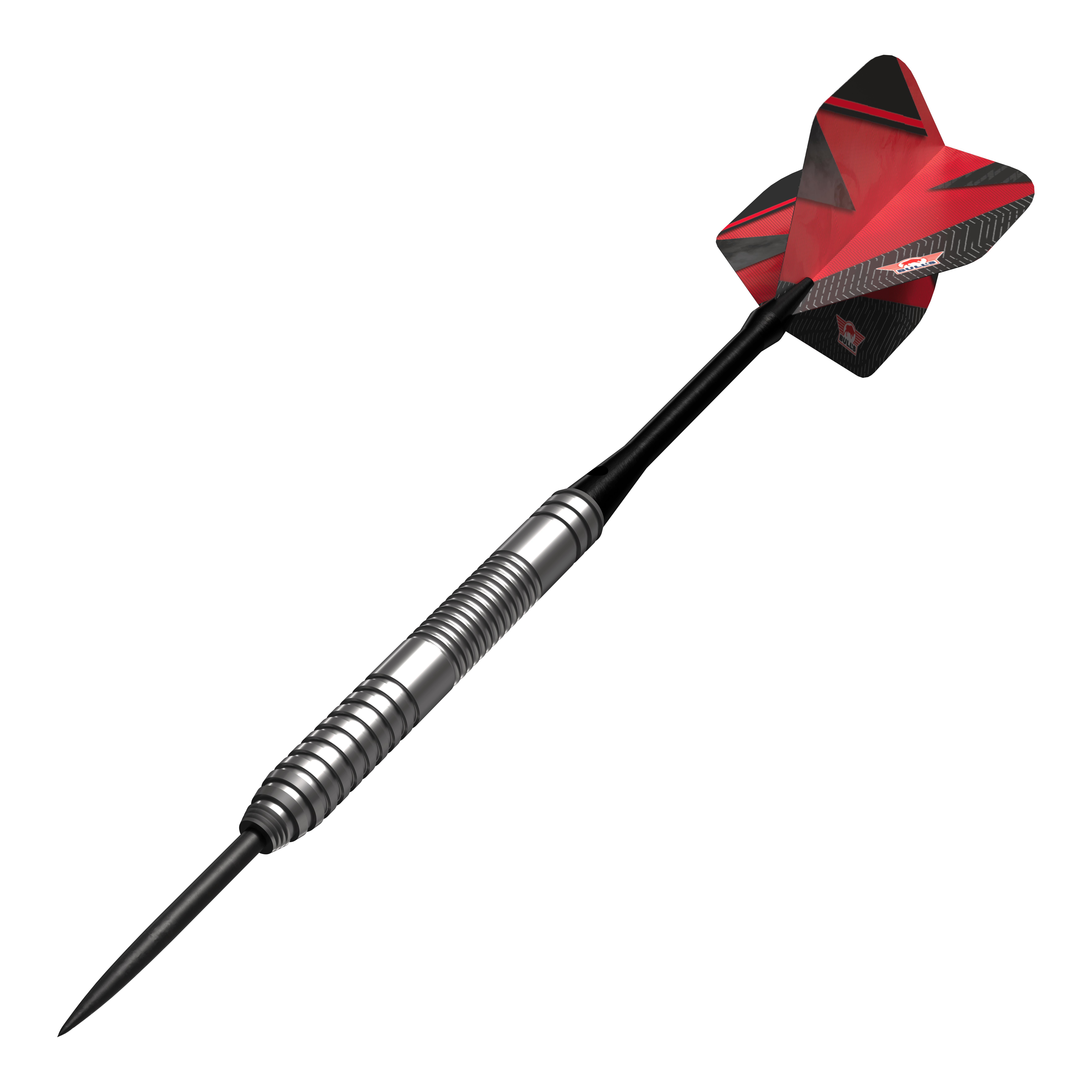 Bulls NL Lightning Red Steeldarts Das Bild zeigt einen Bulls NL Lightning Red Steeldart mit silbernem Barrel und roten Flights. Der Dart hat ein modernes Design und ist für Präzision beim Spielen gemacht.