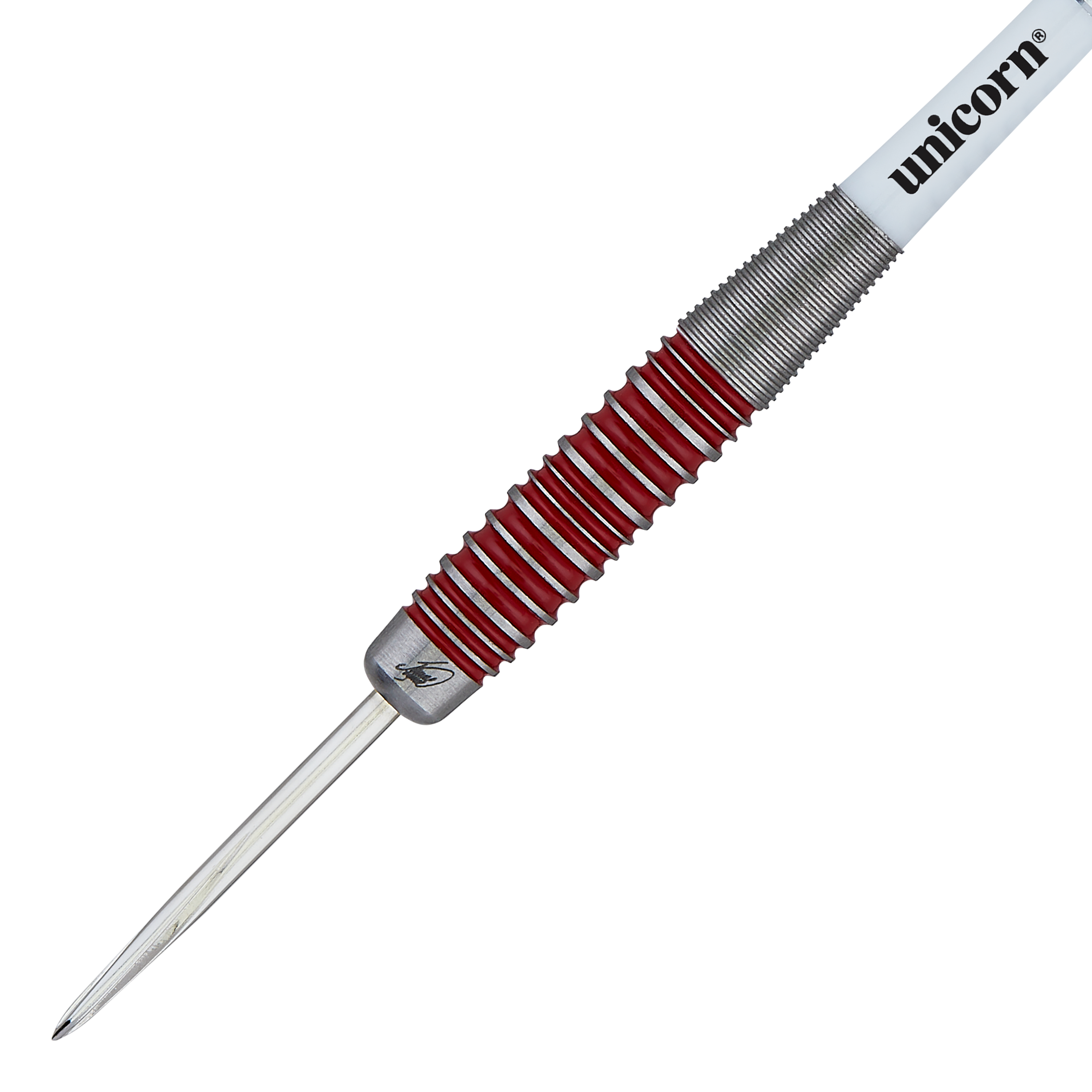 Unicorn The Machine James Wade 90% Steeldarts Das Bild zeigt einen Steeldartpfeil der Marke Unicorn aus der "The Machine James Wade 90%" Serie. Der Dart hat ein silbernes und rotes Griffstück sowie eine weiße Schaft mit dem Schriftzug "unicorn".
