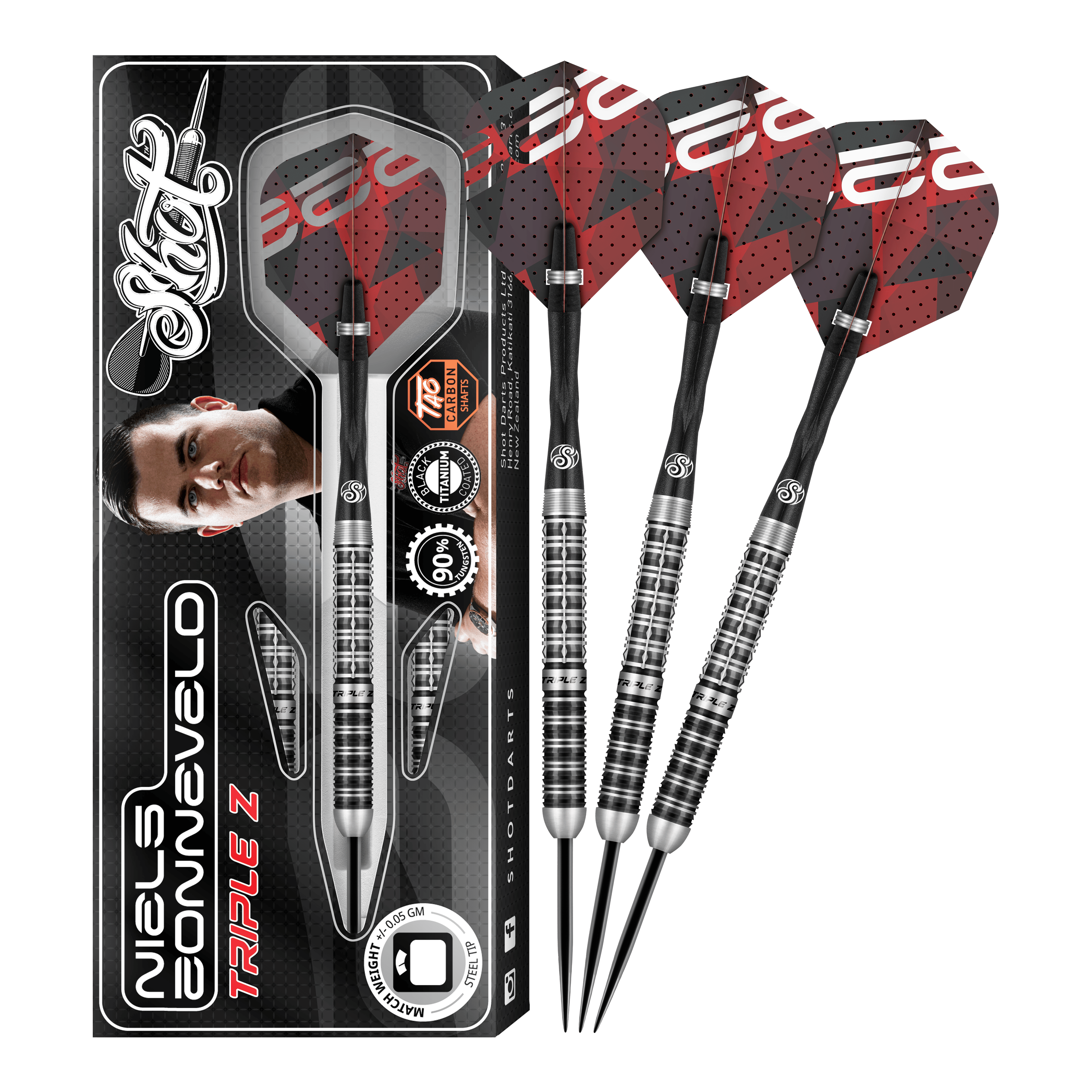Das Bild zeigt das Produkt "Shot Niels Zonneveld V2 Steeldarts" samt Verpackung und vier Steeldarts. Die Darts haben ein silber-schwarzes Design mit roten Flights.