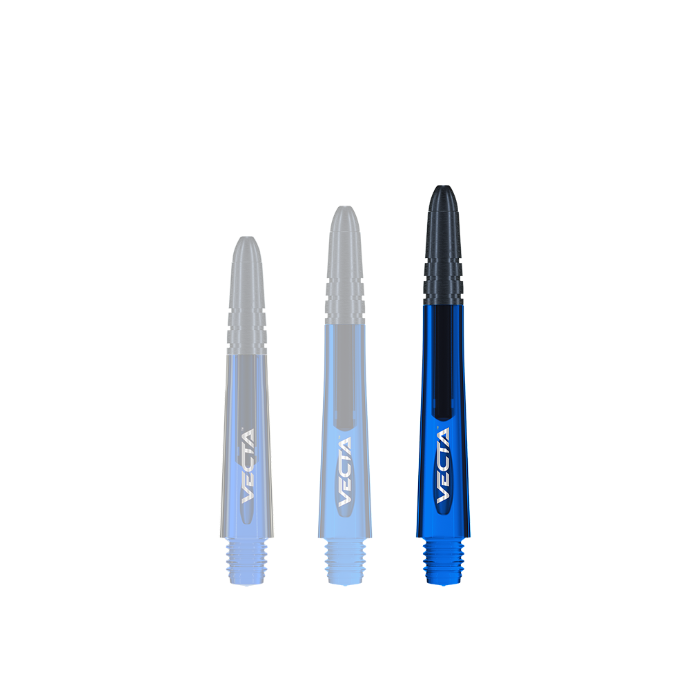 Das Bild zeigt drei blaue Winmau Vecta Shafts für Darts. Sie haben ein modernes Design mit schwarzer Spitze und der Aufschrift "VECTA" auf der Seite.