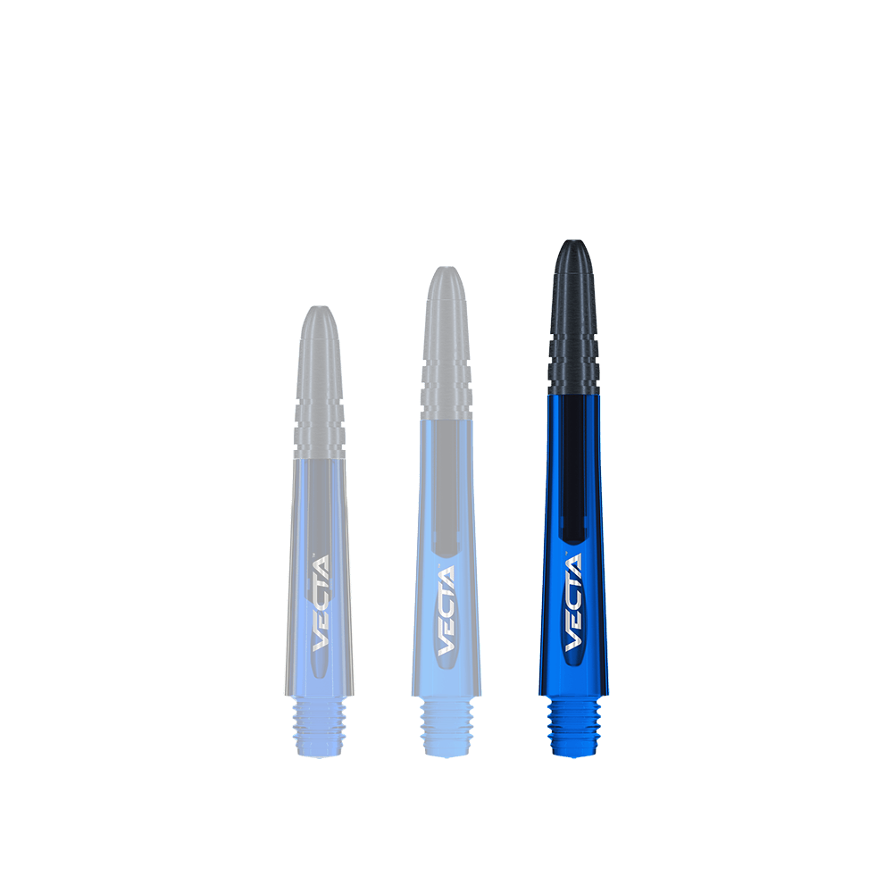 7025-205_Winmau_Vecta_Shafts_Blau_40mm_1 Das Bild zeigt drei blaue Winmau Vecta Shafts für Darts. Sie haben ein modernes Design mit schwarzer Spitze und der Aufschrift "VECTA" auf der Seite.