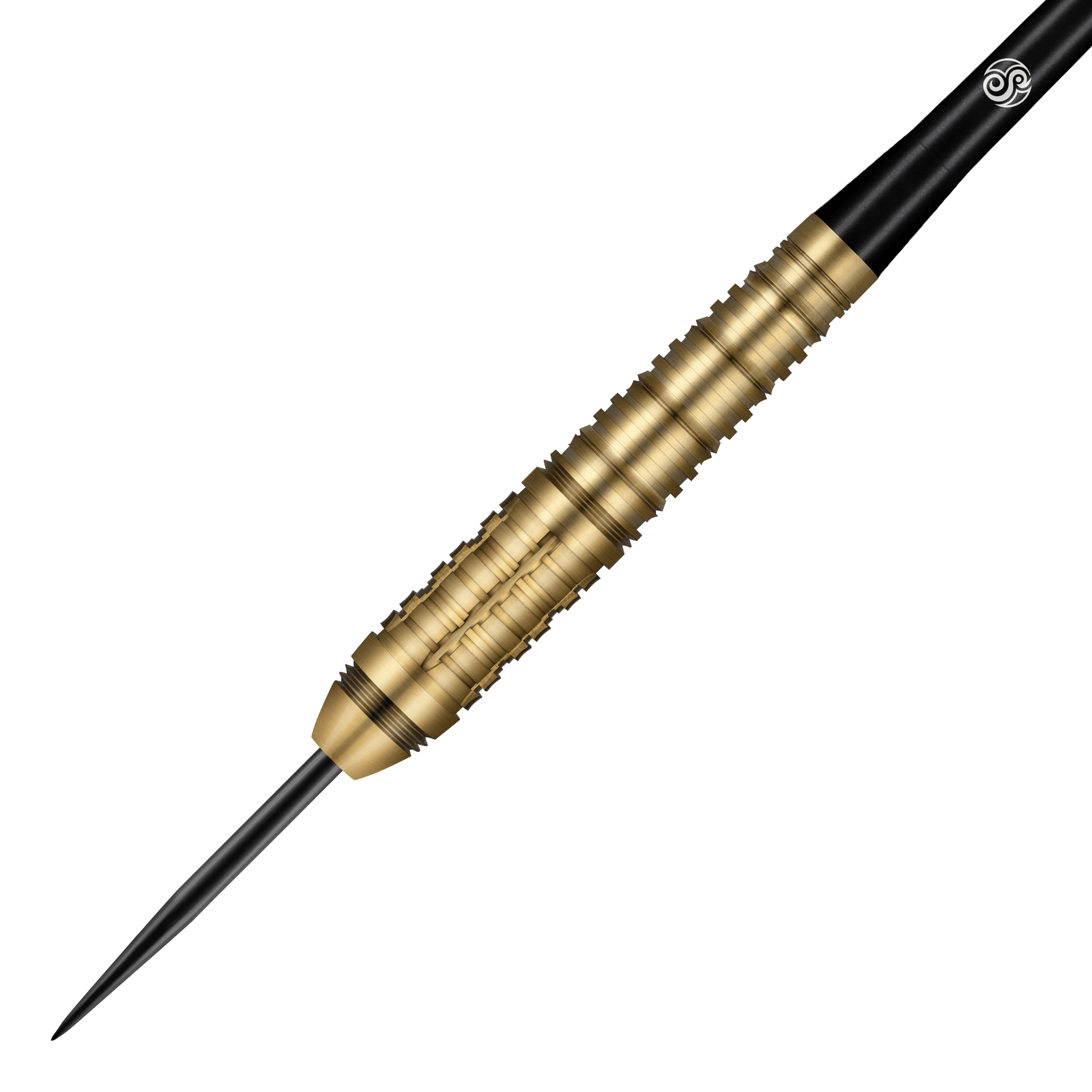 Das Bild zeigt einen Steeldart der Marke Shot Redline Mach 1. Der Dart hat eine goldene, geriffelte Oberfläche und eine schwarze Spitze.