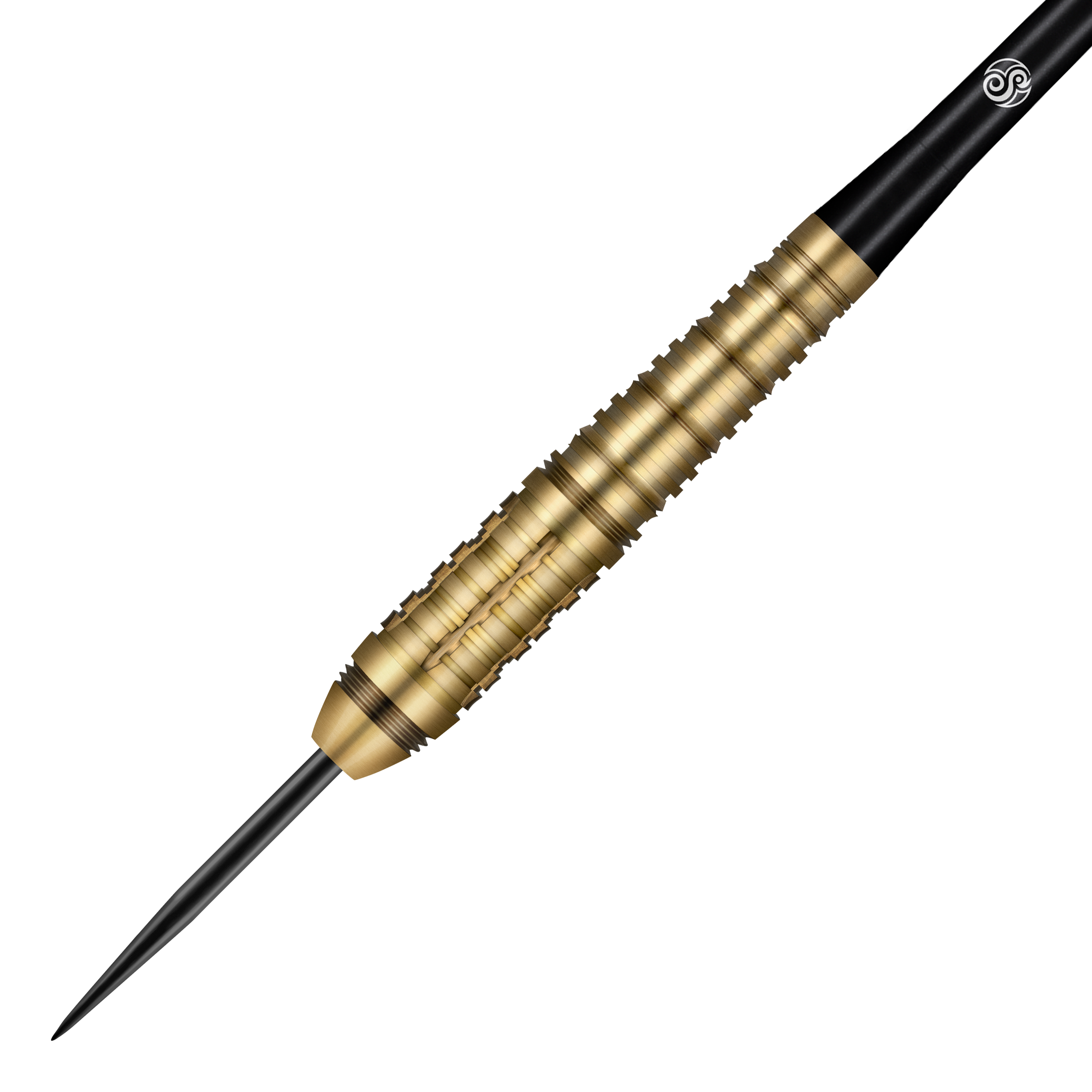 Shot Redline Mach 1 Steeldarts Das Bild zeigt einen Steeldart der Marke Shot Redline Mach 1. Der Dart hat eine goldene, geriffelte Oberfläche und eine schwarze Spitze.