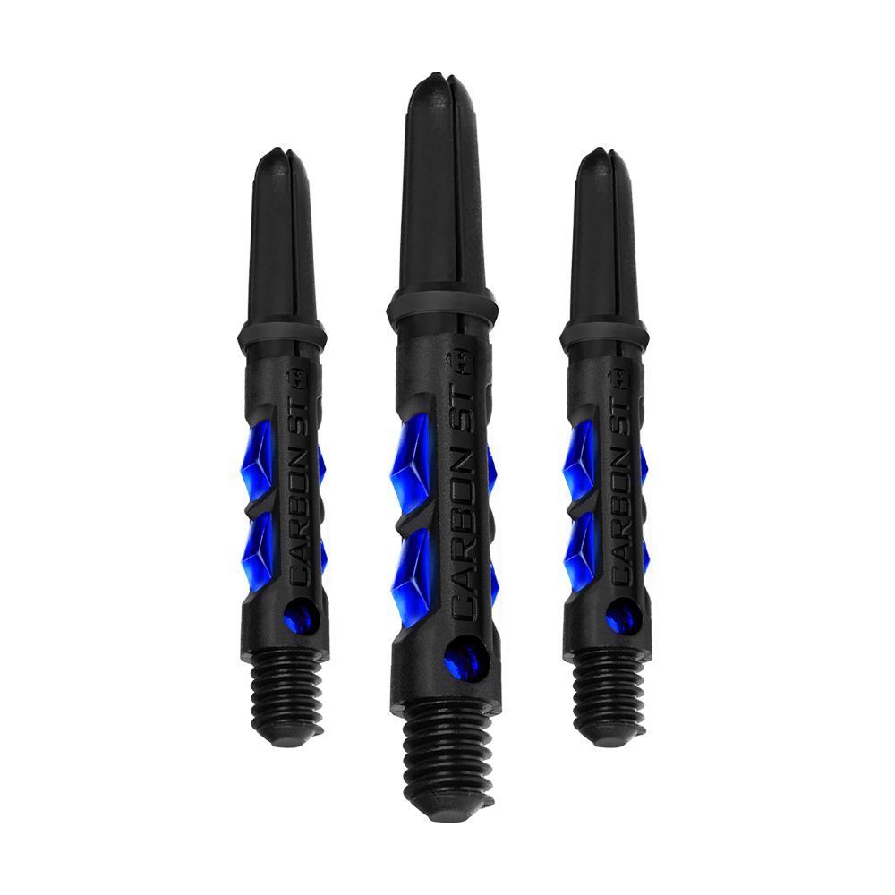 HR413_Harrows_Carbon_ST_Shafts_Blau_33mm_1dPoYHaTCjzQlC Das Bild zeigt drei schwarze Dartschäfte mit blauen Akzenten. Auf den Schäften steht "CARBON ST" eingraviert.