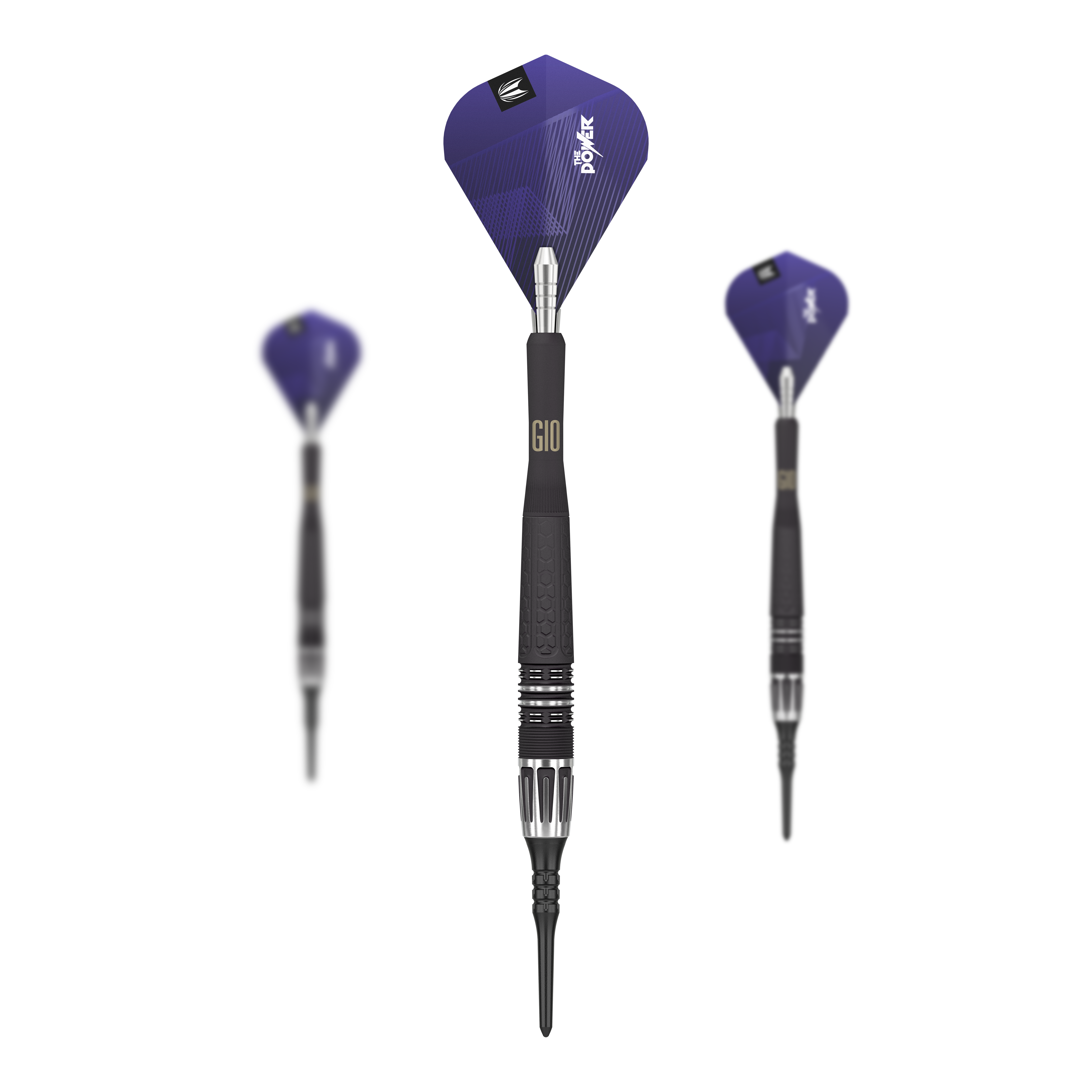 Target Phil Taylor Power 9Five GEN10 Softdarts Auf dem Bild sind drei Target Phil Taylor Power 9Five GEN10 Softdarts zu sehen. Die Darts haben schwarze Griffe und blaue Flights mit dem Aufdruck "Power".