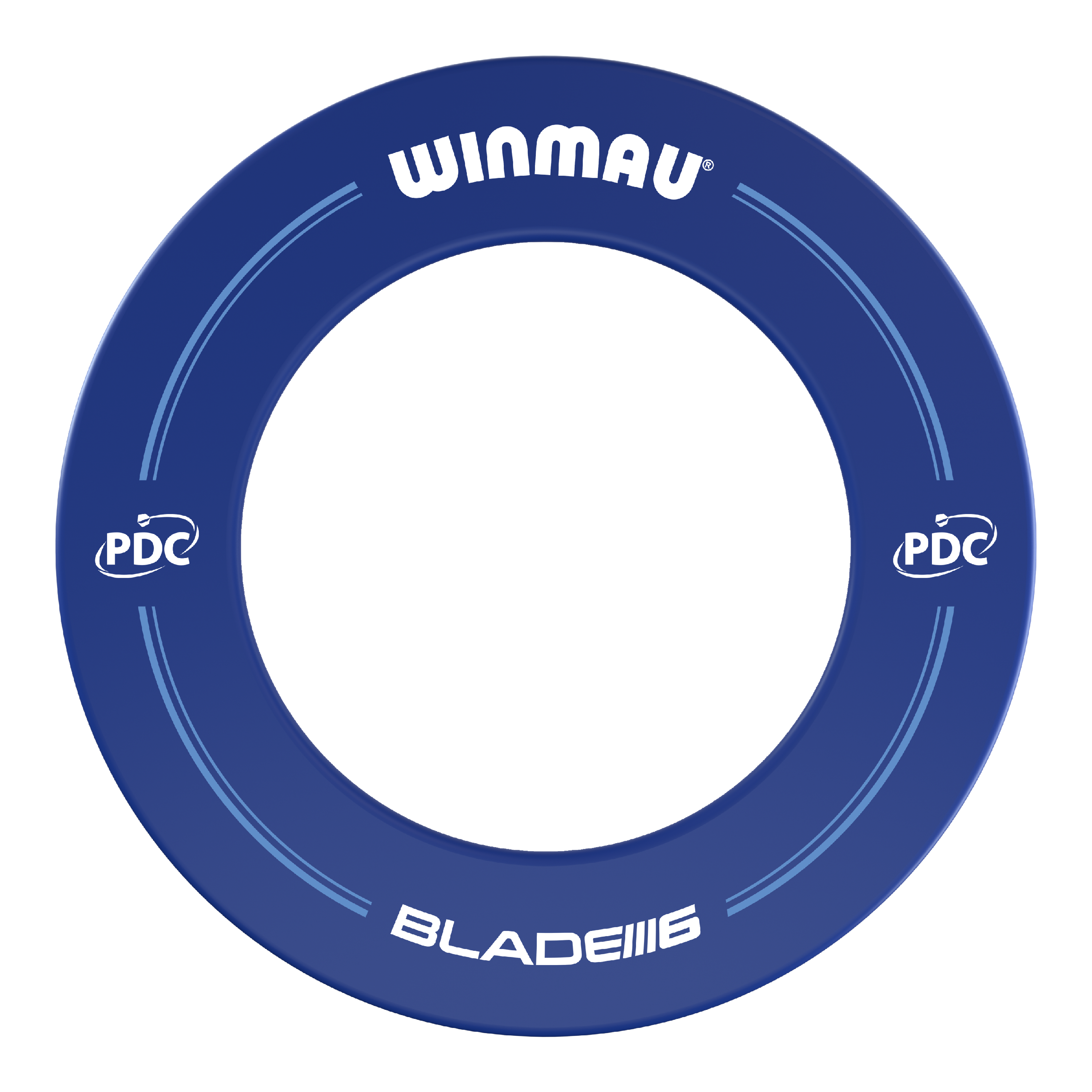 Winmau PDC Dartboard Surround - Blau Das Bild zeigt einen blauen Dartboard-Surround der Marke Winmau mit PDC-Logo. Auf dem Ring stehen die Worte "WINMAU" und "BLADE 6".