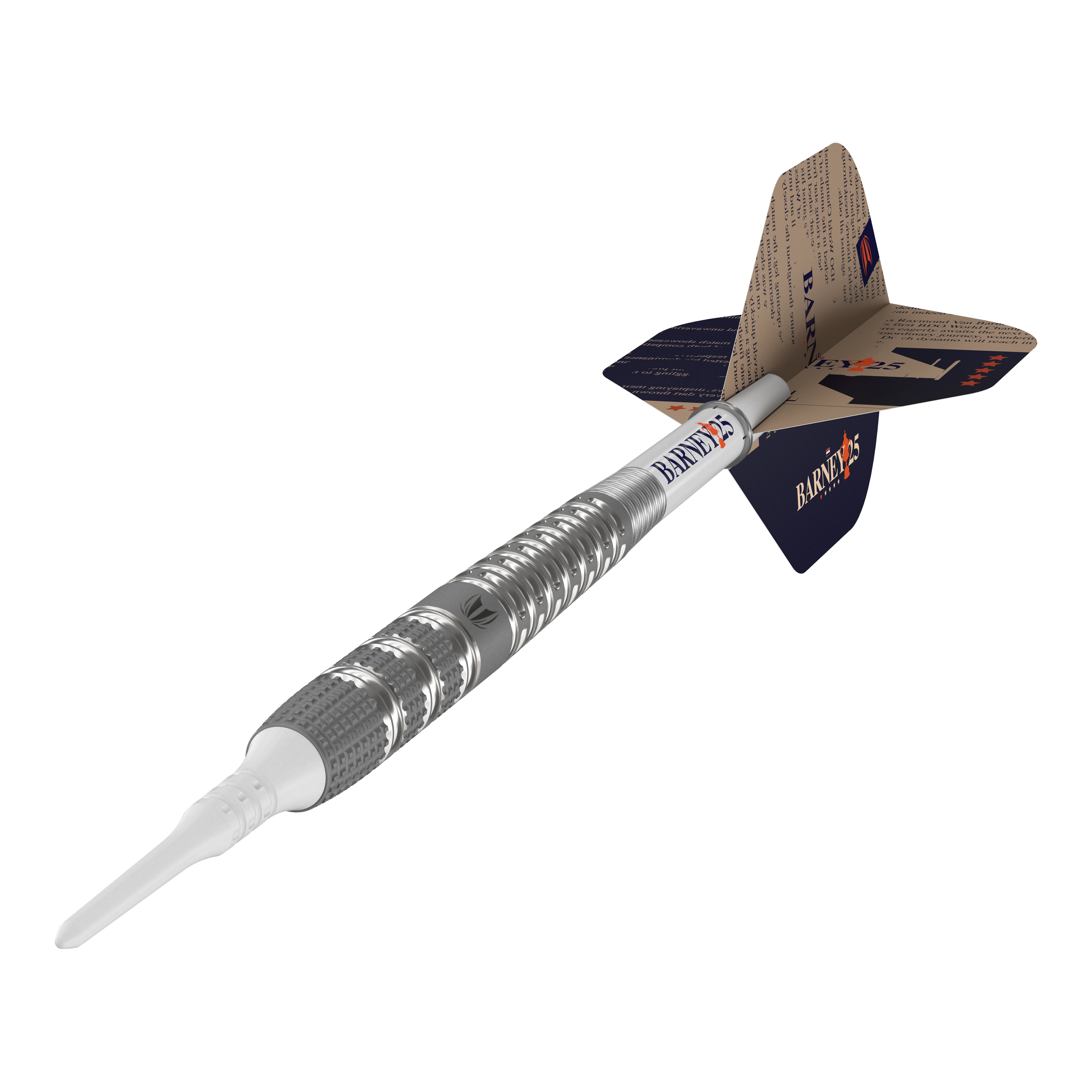Das Bild zeigt einen softdart mit silbernem Griff und weißer Spitze. Auf den Flights steht "Barney25", was auf das Produkt "Target Raymond Van Barneveld Barney25 Softdarts" hinweist.