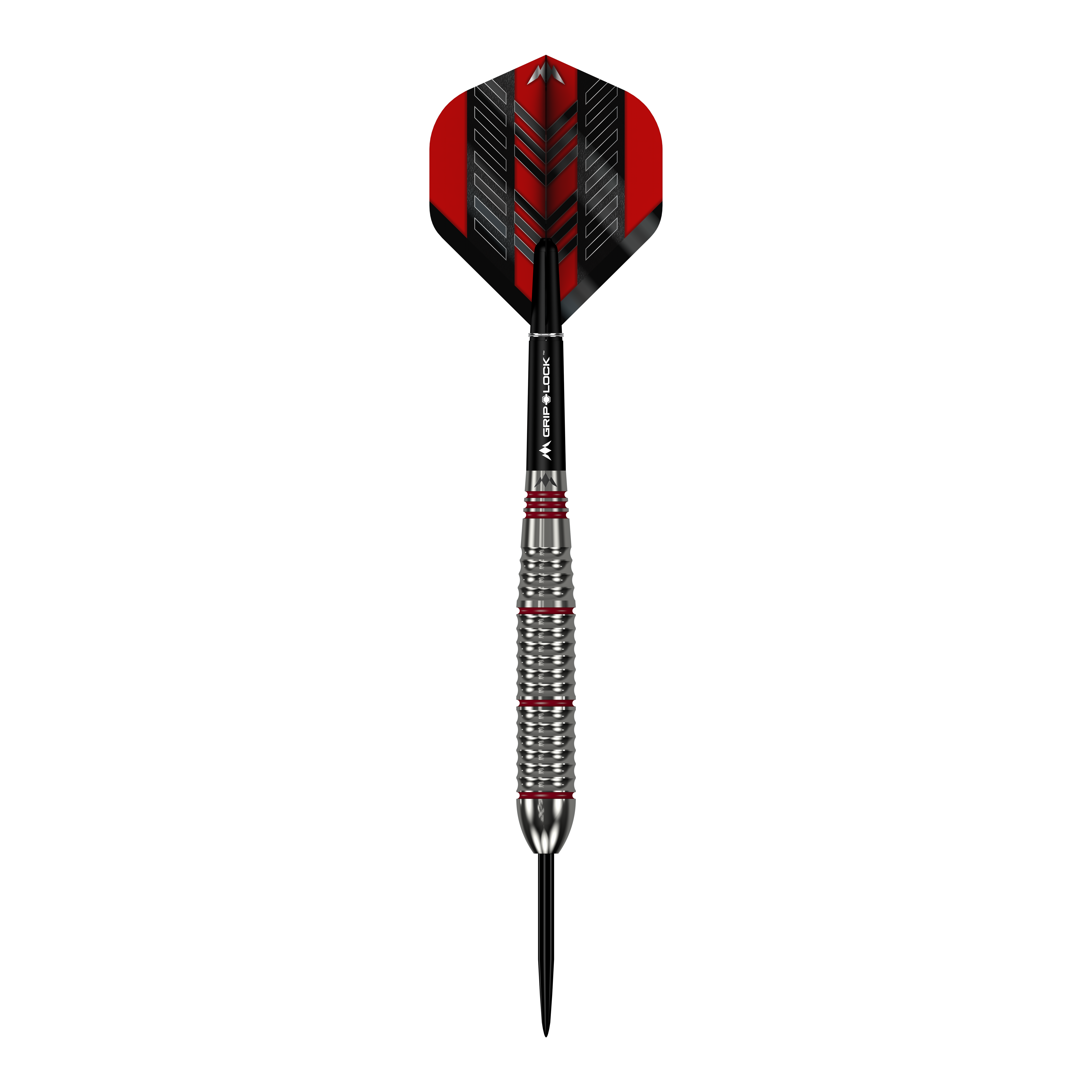 Mission Rogue Brass Steeldarts - 22g Das Bild zeigt einen Mission Rogue Brass Steeldart mit einem Gewicht von 22 Gramm. Der Dart hat ein silbernes, geriffeltes Barrel und rote sowie schwarze Akzente an Flight und Shaft.