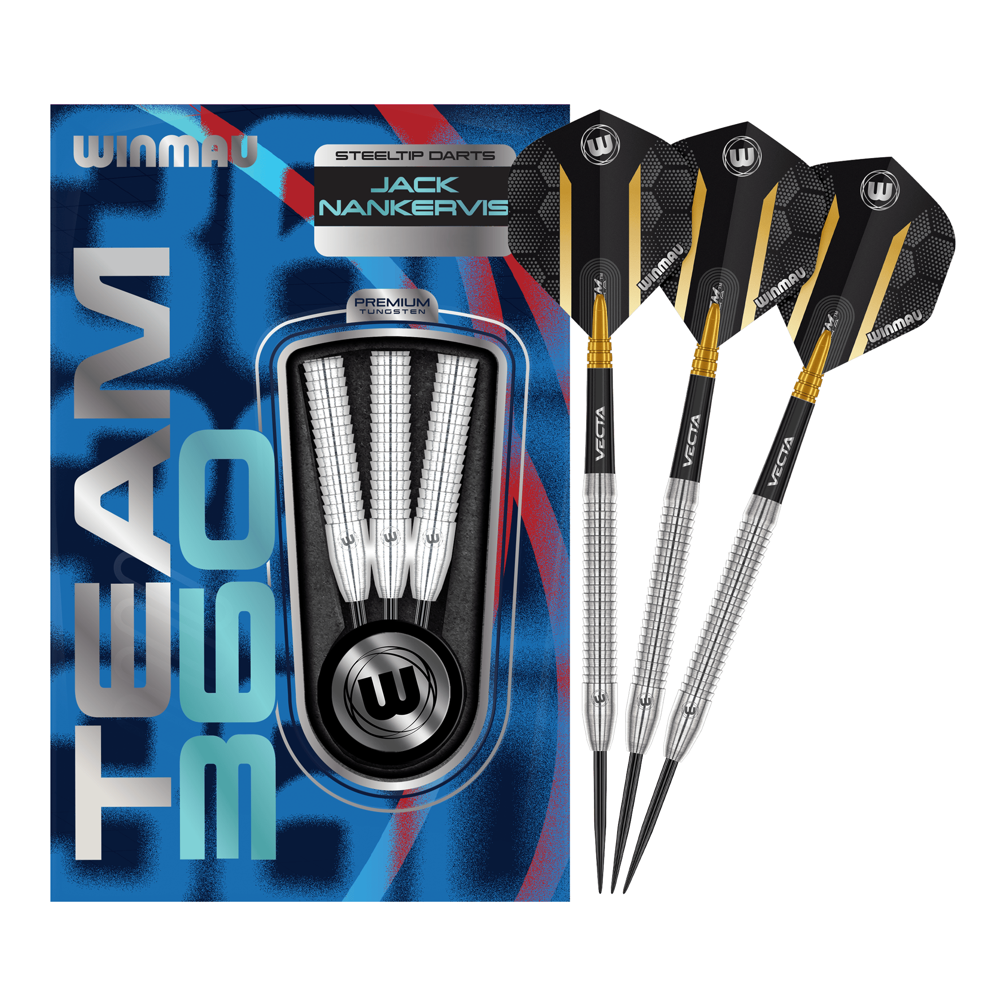 Auf dem Bild sind die Winmau Team 360 Jack Nankervis Steeldarts mit 24g zu sehen. Diese Steeldarts bieten eine ausgezeichnete Kontrolle beim Wurf.