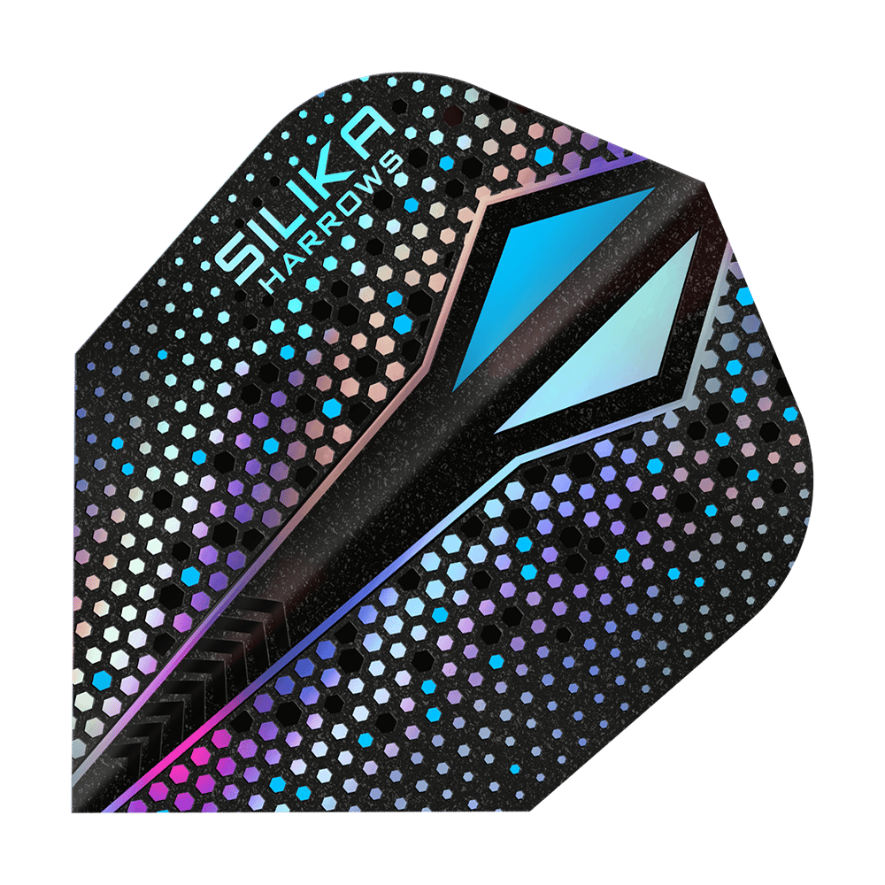 Das Bild zeigt ein Dart-Flight mit dem Namen "Harrows Silika Colourshift Tough Crystalline Coating Silver-X No6". Das Flight hat ein glänzendes, sechseckiges Muster mit schimmernden Farben und einem markanten blauen Designelement.