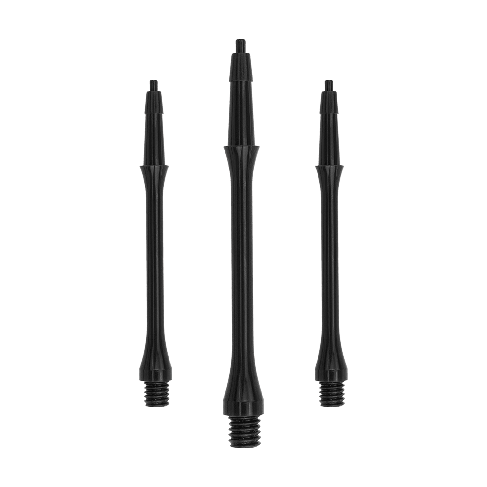 HRC-12589_Harrows_Clic_Slim_Shafts_Black_37mm_1tLHKCMMzBrtkv Das Bild zeigt drei schwarze Harrows Clic Slim Shafts für Darts. Sie sind schlank und haben ein Gewinde am unteren Ende zur Befestigung.