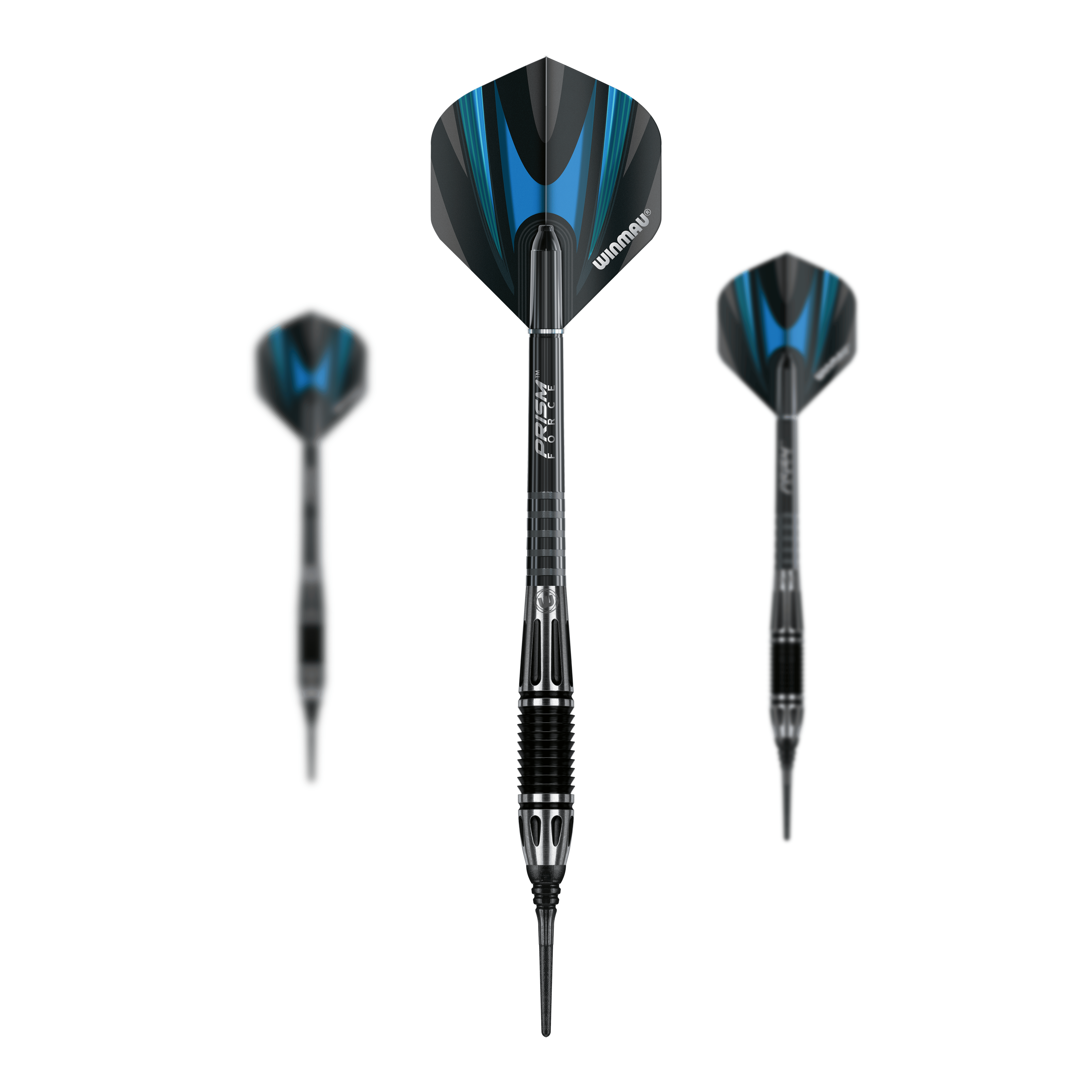 Das Bild zeigt drei Winmau Majestic Softdarts mit schwarzem und blauem Design. Die Darts haben auffällige Flights und ein modernes, geriffeltes Barrel.