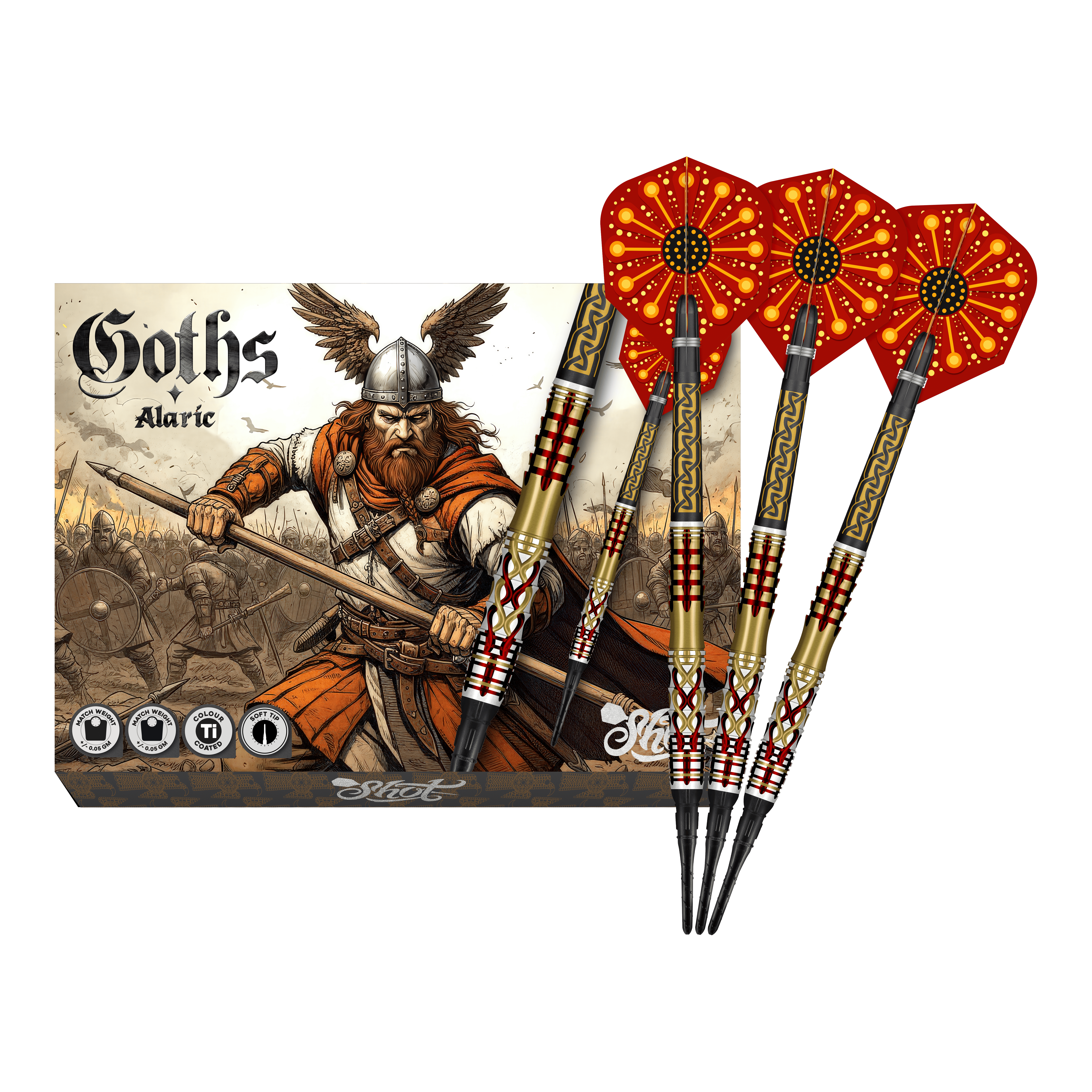 Shot Goths Alaric Softdarts - 20g Abgebildet sind die Shot Goths Alaric Softdarts - 20g in voller Ansicht. Die gesamte Länge der Darts ist deutlich erkennbar.