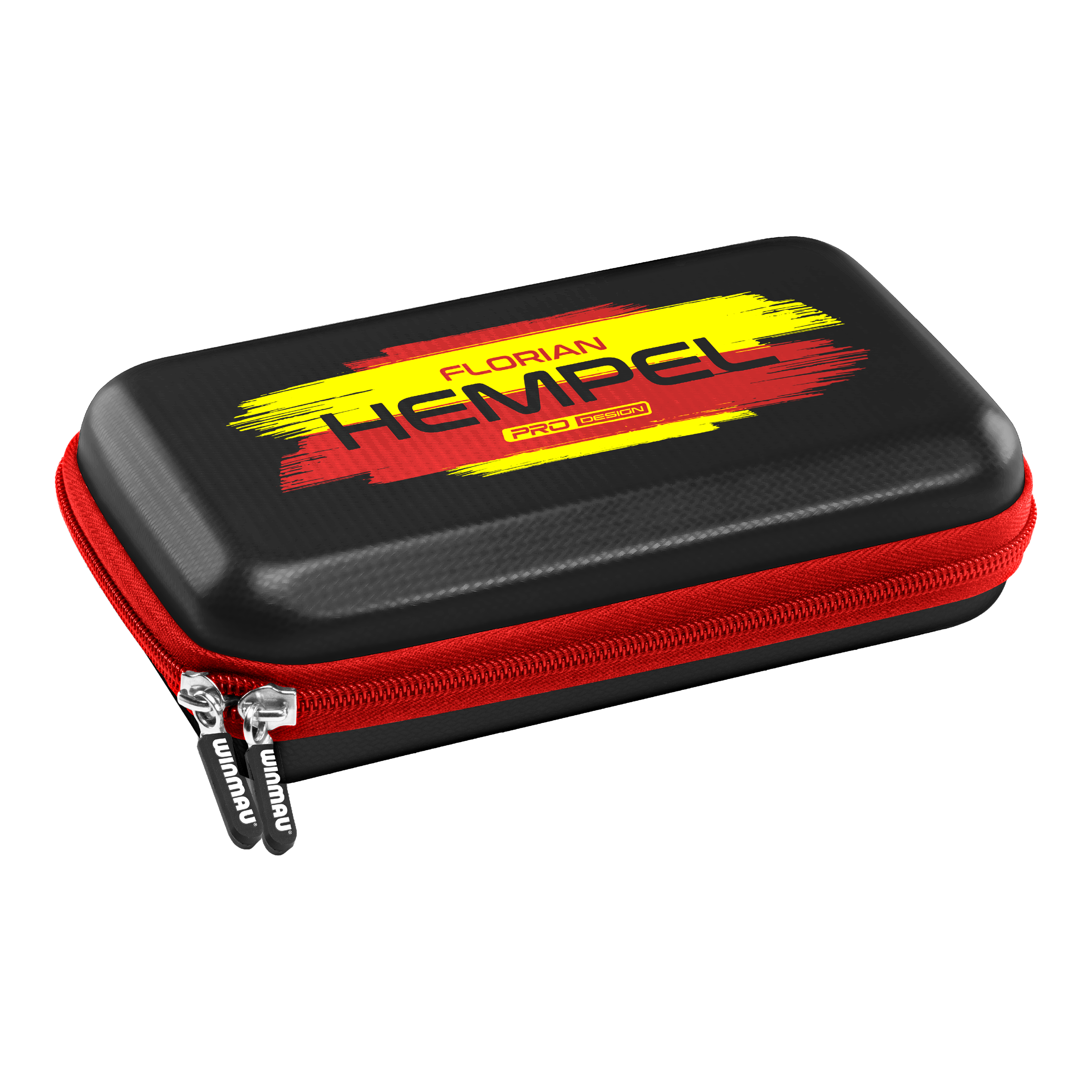 Das Bild zeigt das Winmau Florian Hempel Tour Edition Dartcase. Das Etui ist schwarz mit einem roten Reißverschluss und einem gelb-roten Aufdruck.