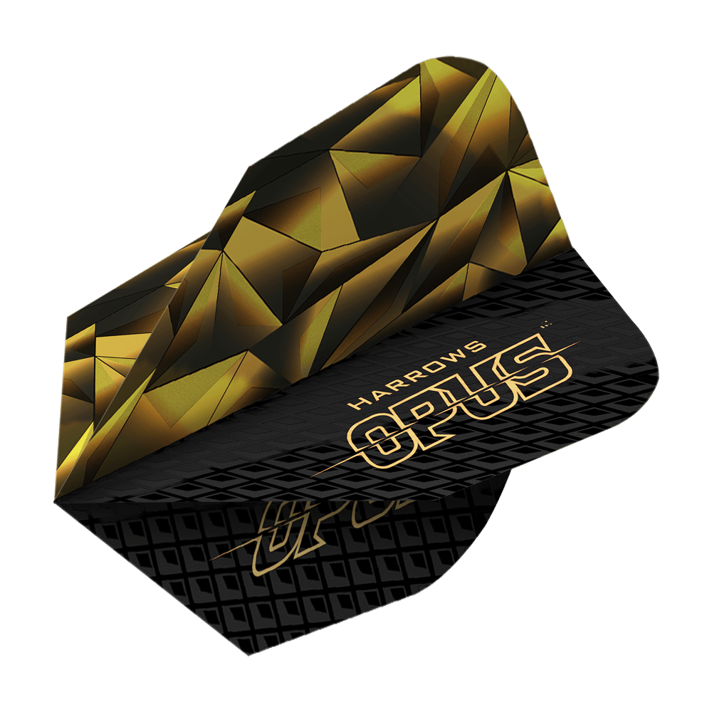 Harrows Opus Version 1 Flights Das Bild zeigt das Produkt "Harrows Opus Version 1 Flights". Das Design ist in Schwarz und Gold mit geometrischen Mustern und dem Schriftzug "OPUS" gestaltet.