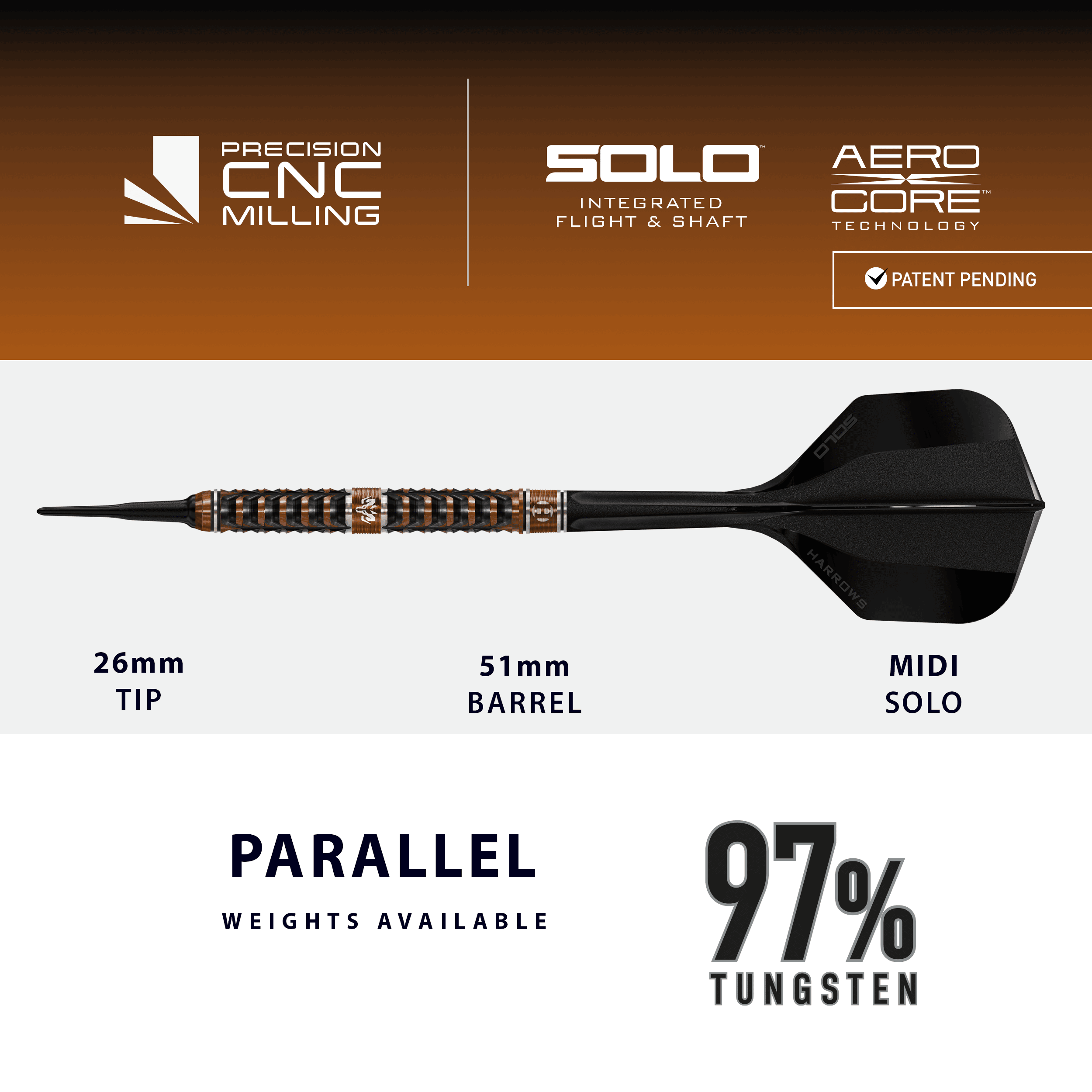 Das Bild zeigt die Harrows Wolfram Trinity Softdarts. Diese Softdarts sind ideal für präzises Werfen geeignet.