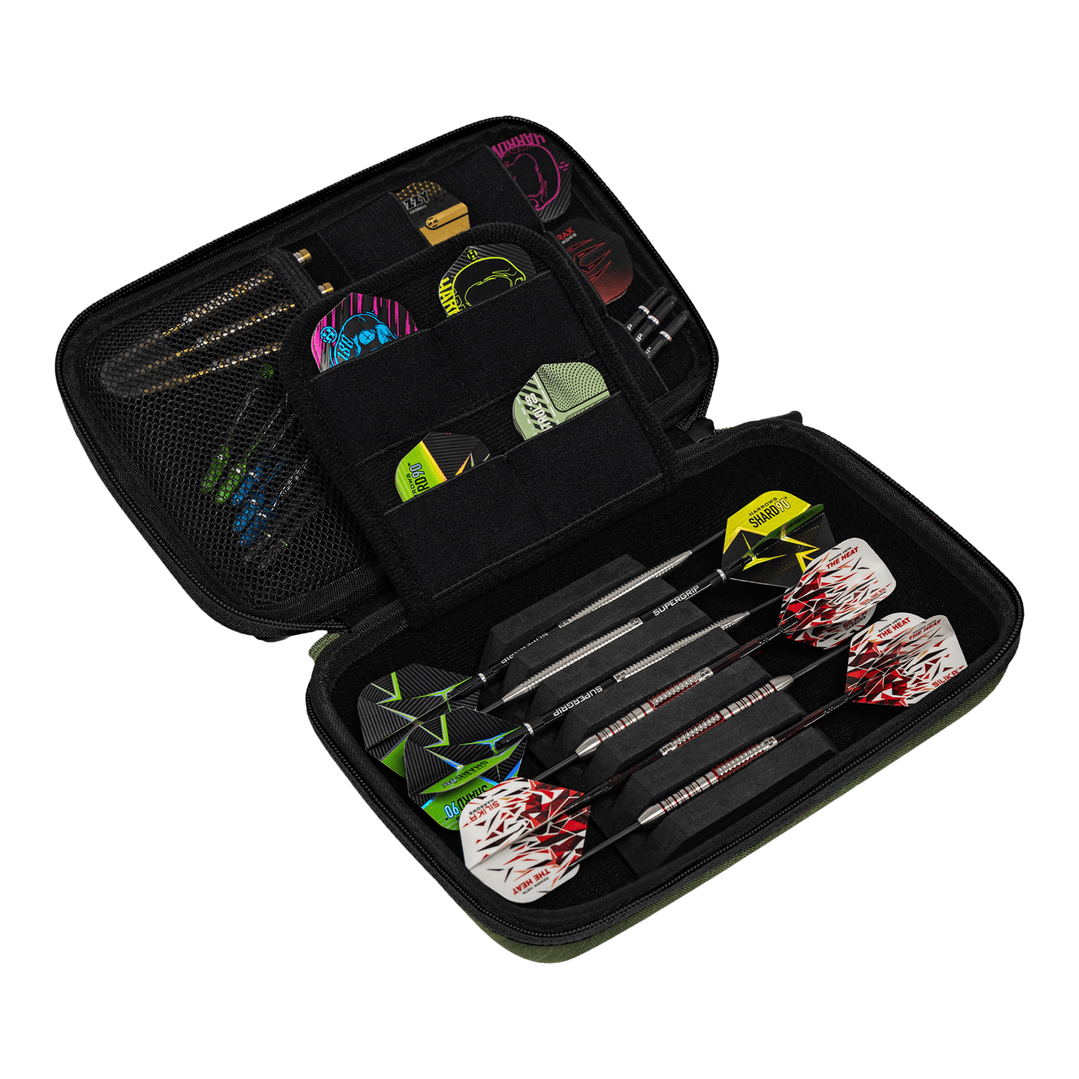 Harrows Smart Case XL Dartwallet Das Bild zeigt ein offenes Dart-Etui mit mehreren Fächern. Darin befinden sich drei zusammengesetzte Darts sowie diverses Dart-Zubehör und Ersatzteile.