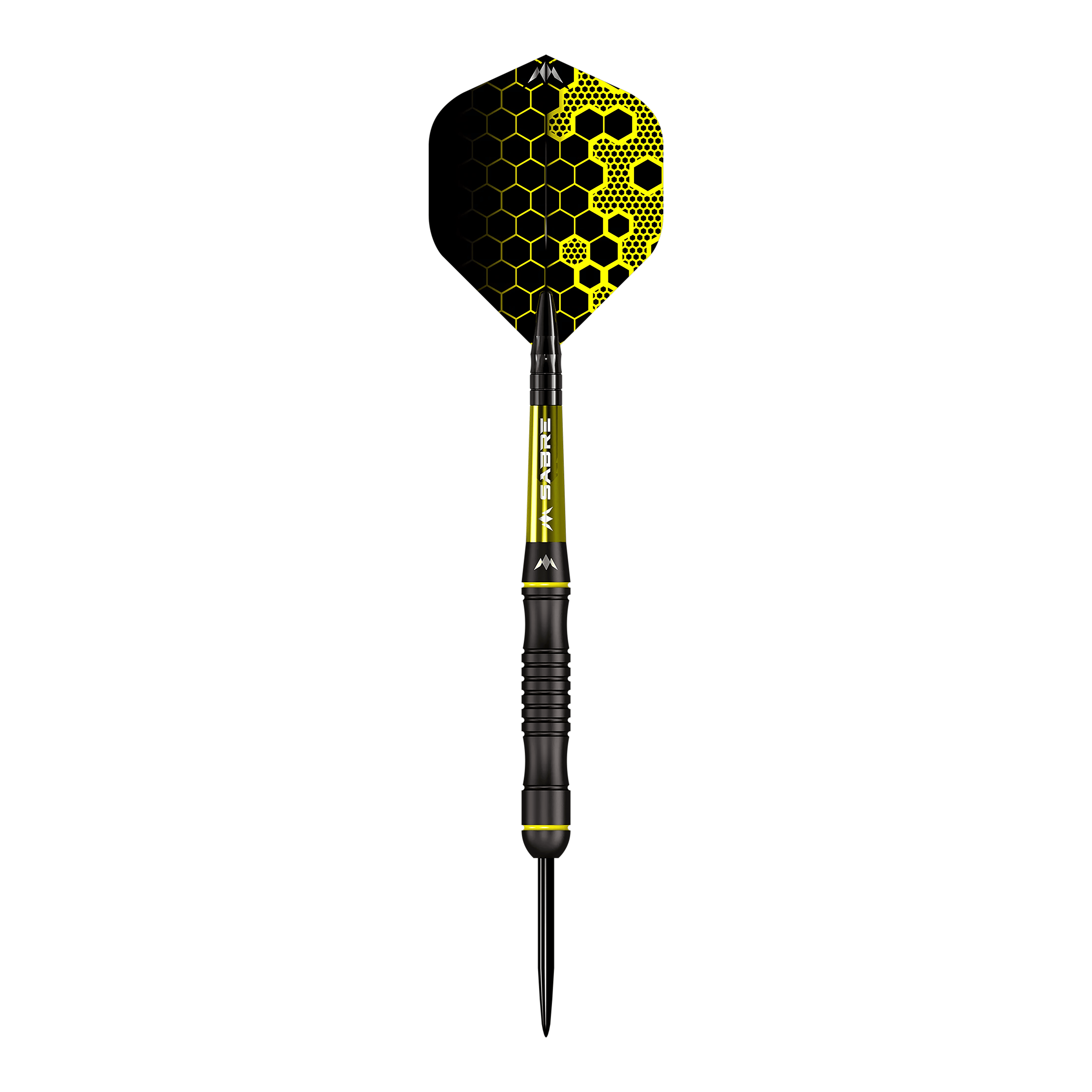 Das Bild zeigt einen Steeldart namens "Mission Stephen Burton Steeldarts - 23g". Der Dartpfeil ist schwarz-gelb und hat ein Wabendesign auf den Flights.