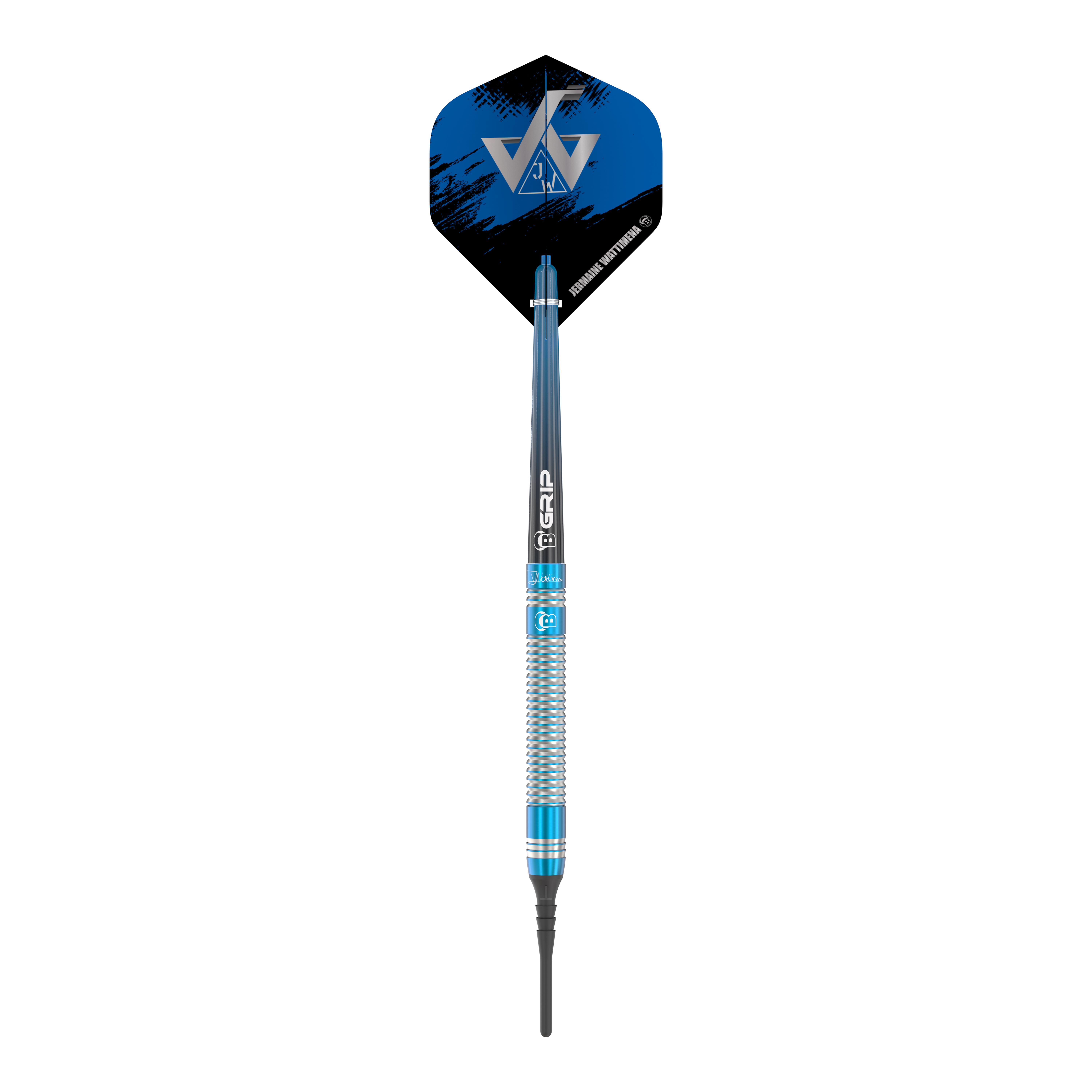 Bulls Jermaine Wattimena Generation 3 Softdarts - 20g Das Bild zeigt einen Bulls Jermaine Wattimena Generation 3 Softdart mit 20g Gewicht. Der Dartpfeil hat ein auffälliges blau-silbernes Design und ein schwarzes Flight mit silbernem Logo.